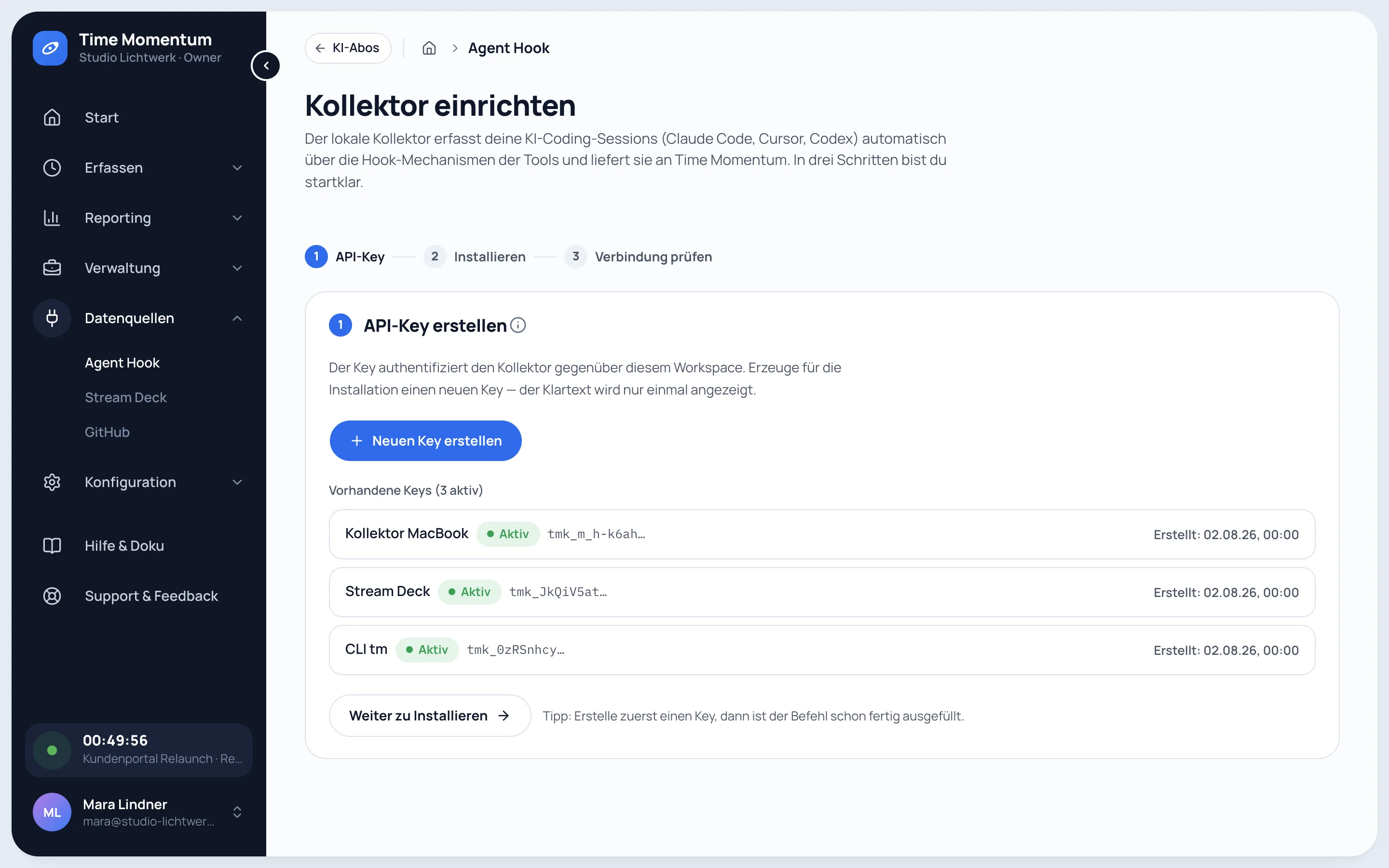 Einrichtung des lokalen Kollektors in drei Schritten: API-Key, Installation, Verbindung prüfen