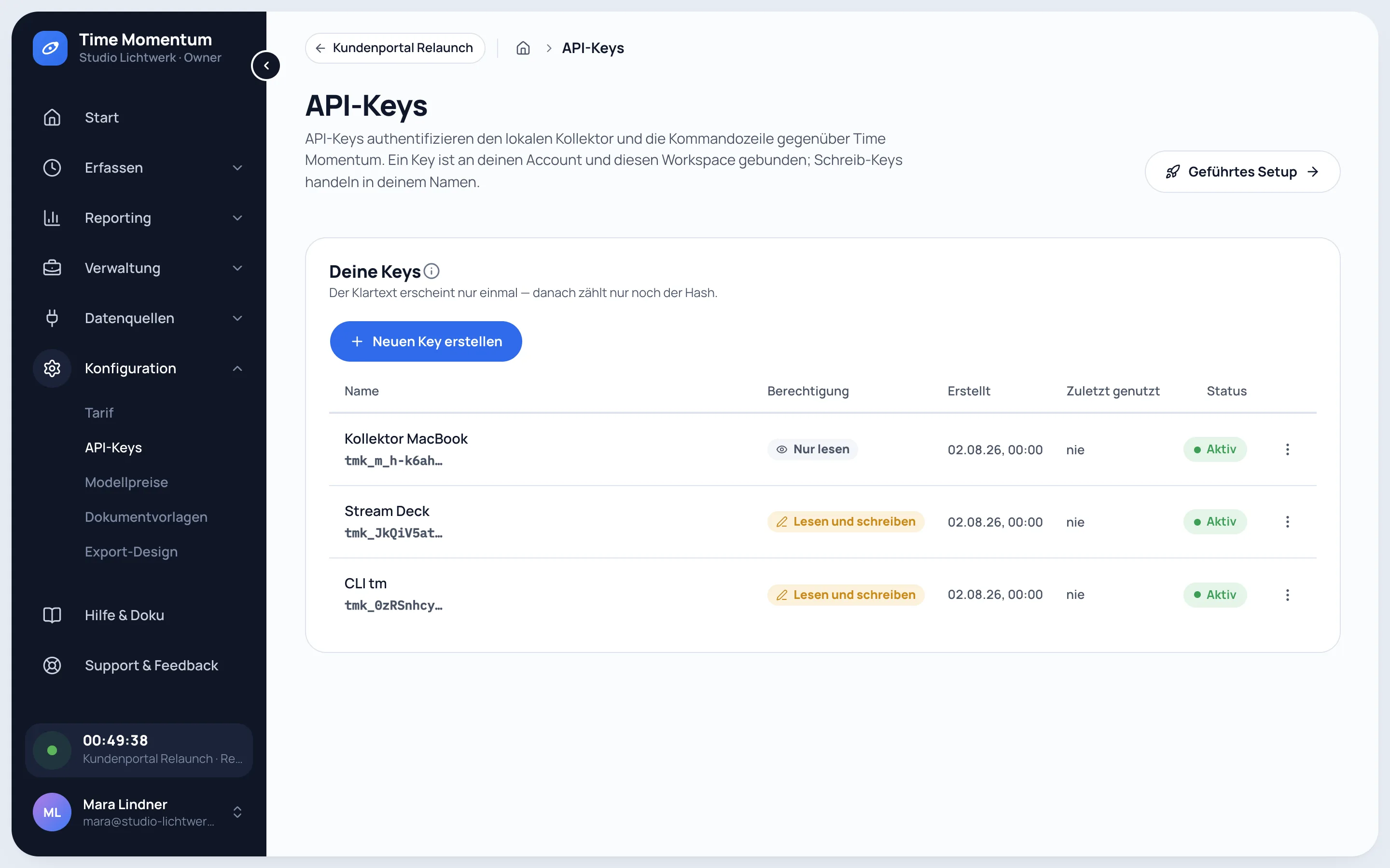 API-Keys mit Leserecht oder Lese- und Schreibrecht für Kollektor, Stream Deck und Kommandozeile