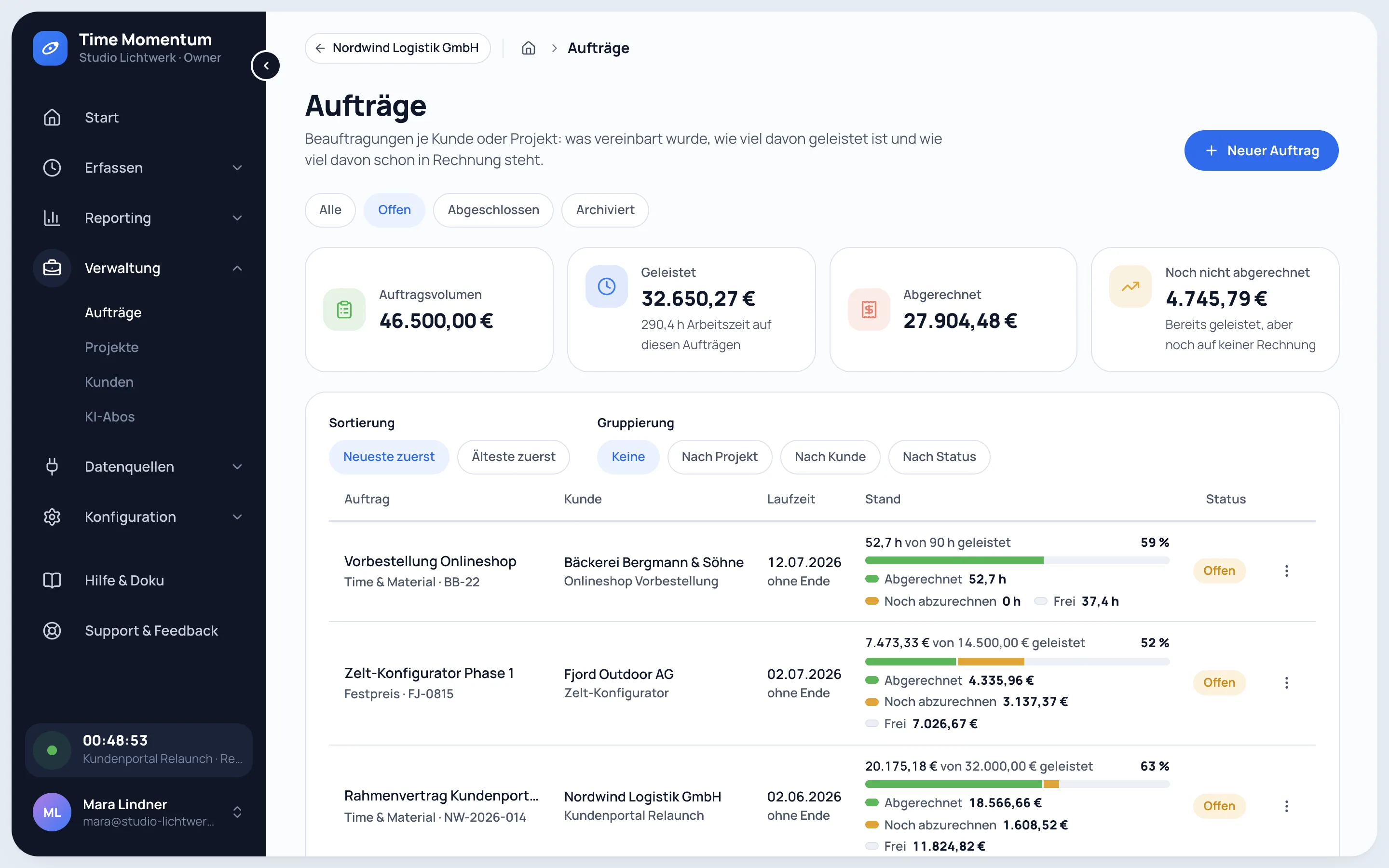 Order overview with order volume, work done and billed, and progress per order