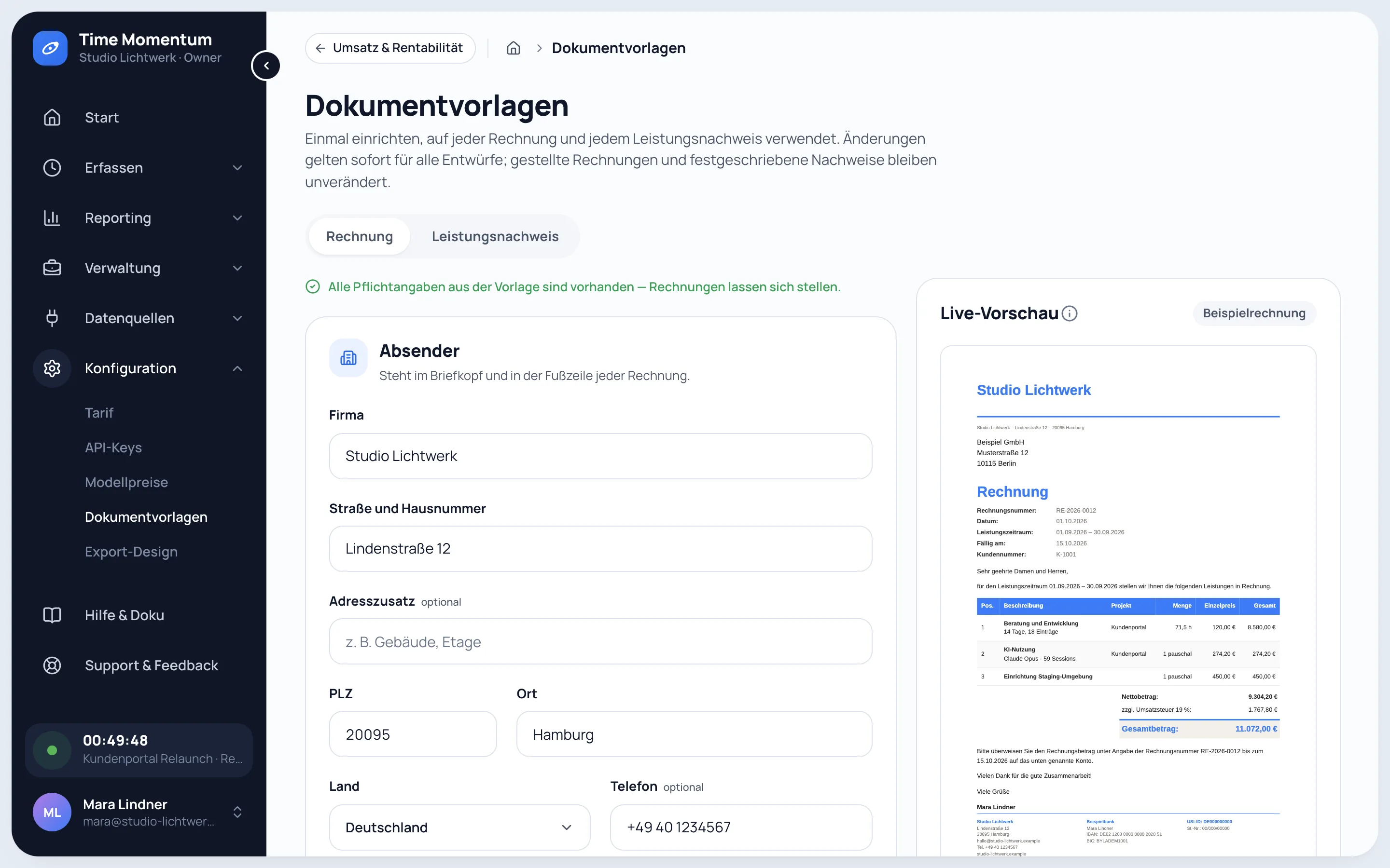 Dokumentvorlagen mit Absenderdaten und Live-Vorschau der Rechnung