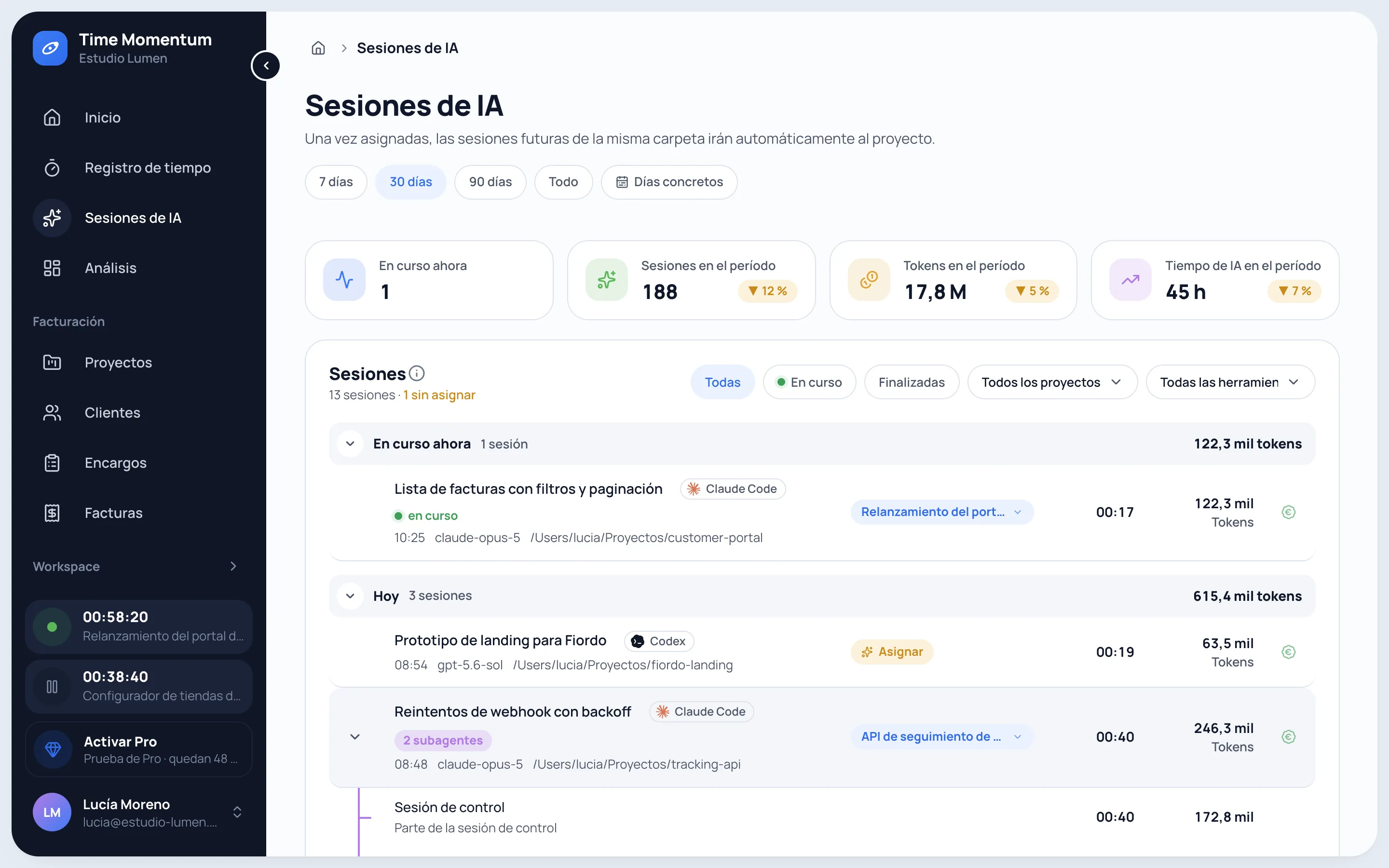 Sesiones de IA registradas automáticamente desde Claude Code, Codex y Cursor, con subagentes desplegados, proyectos, duración y tokens