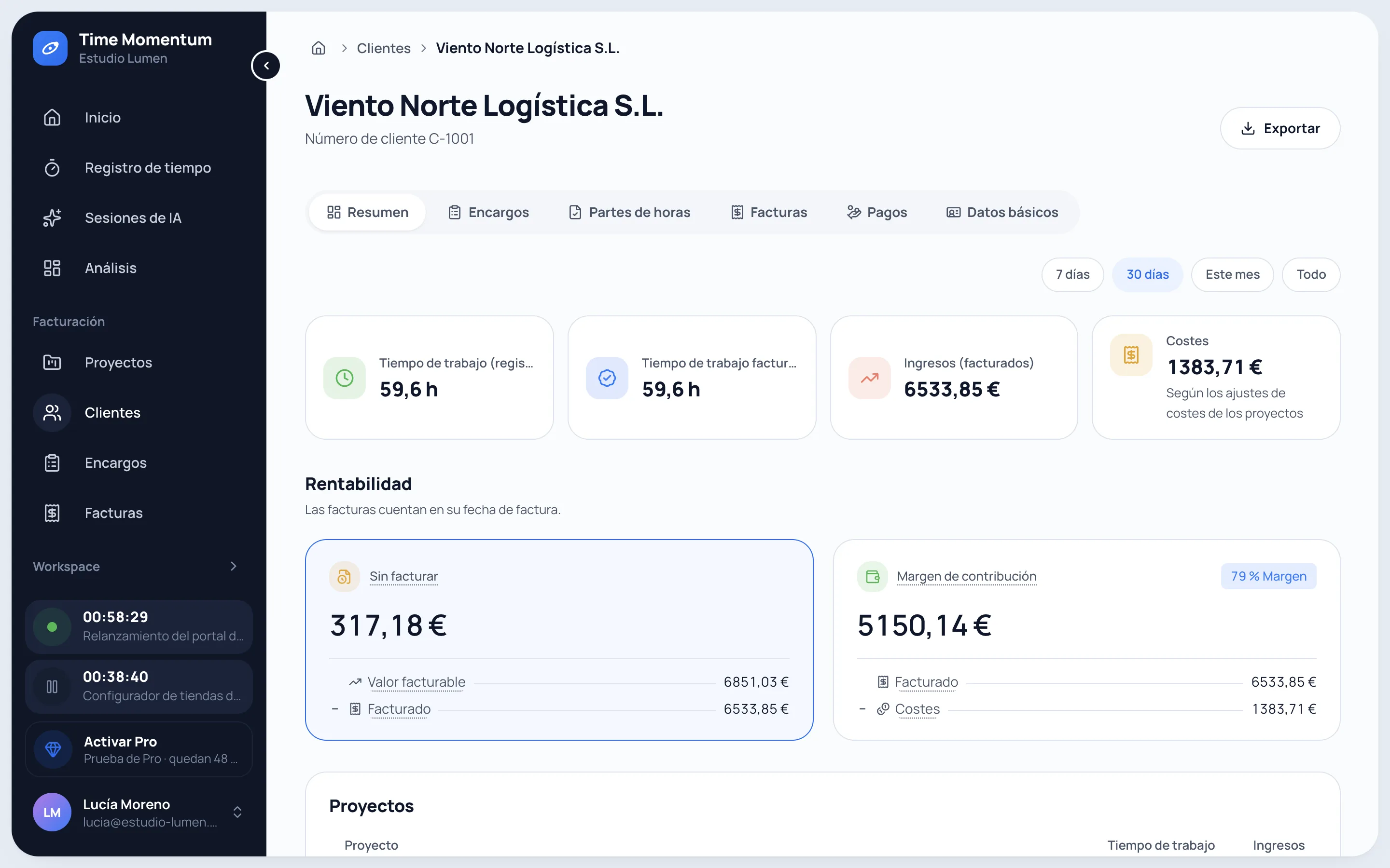Ficha de cliente con tiempo de trabajo, tiempo facturable, ingresos, costes y rentabilidad