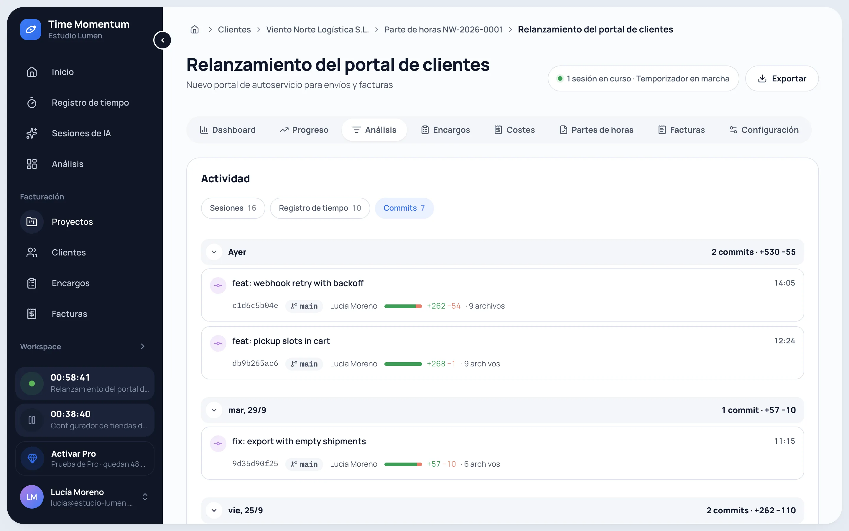 Cronología de actividad de un proyecto con sesiones de IA, temporizadores y commits agrupados por día