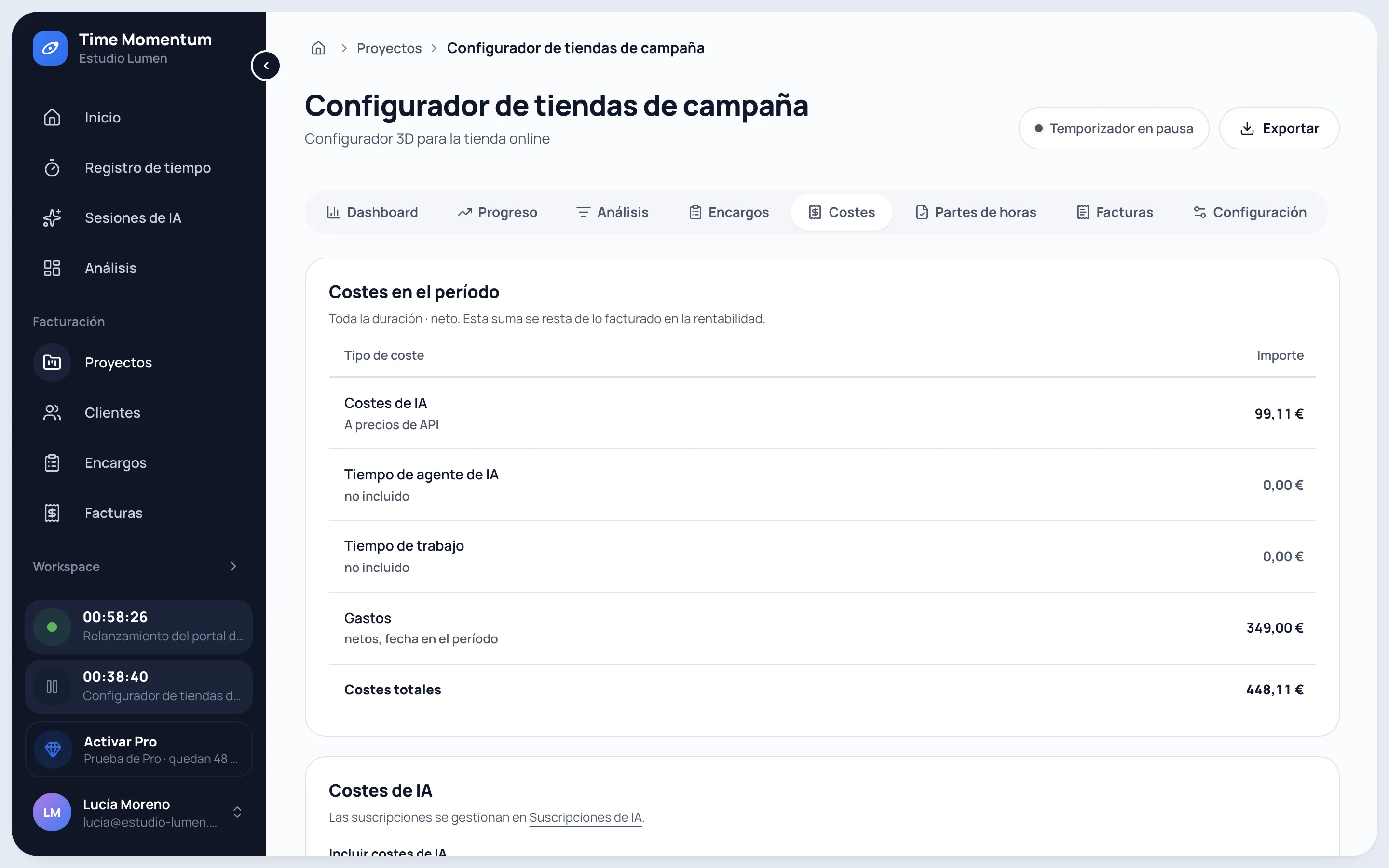 Vista de costes de un proyecto con costes de IA, tiempo de agentes, tiempo de trabajo y gastos individuales