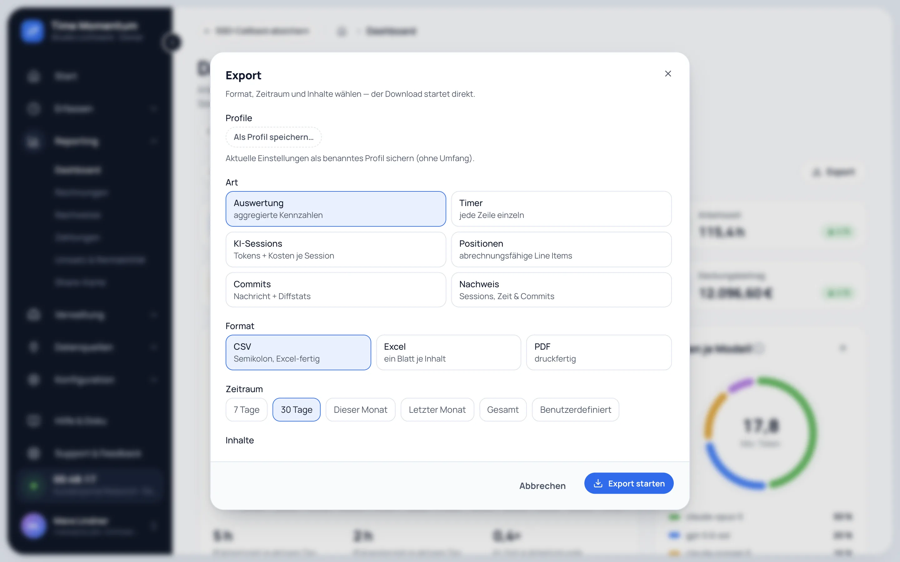 Export-Dialog für Auswertung, Timer, KI-Sessions, Positionen, Commits und Nachweise als CSV, Excel oder PDF