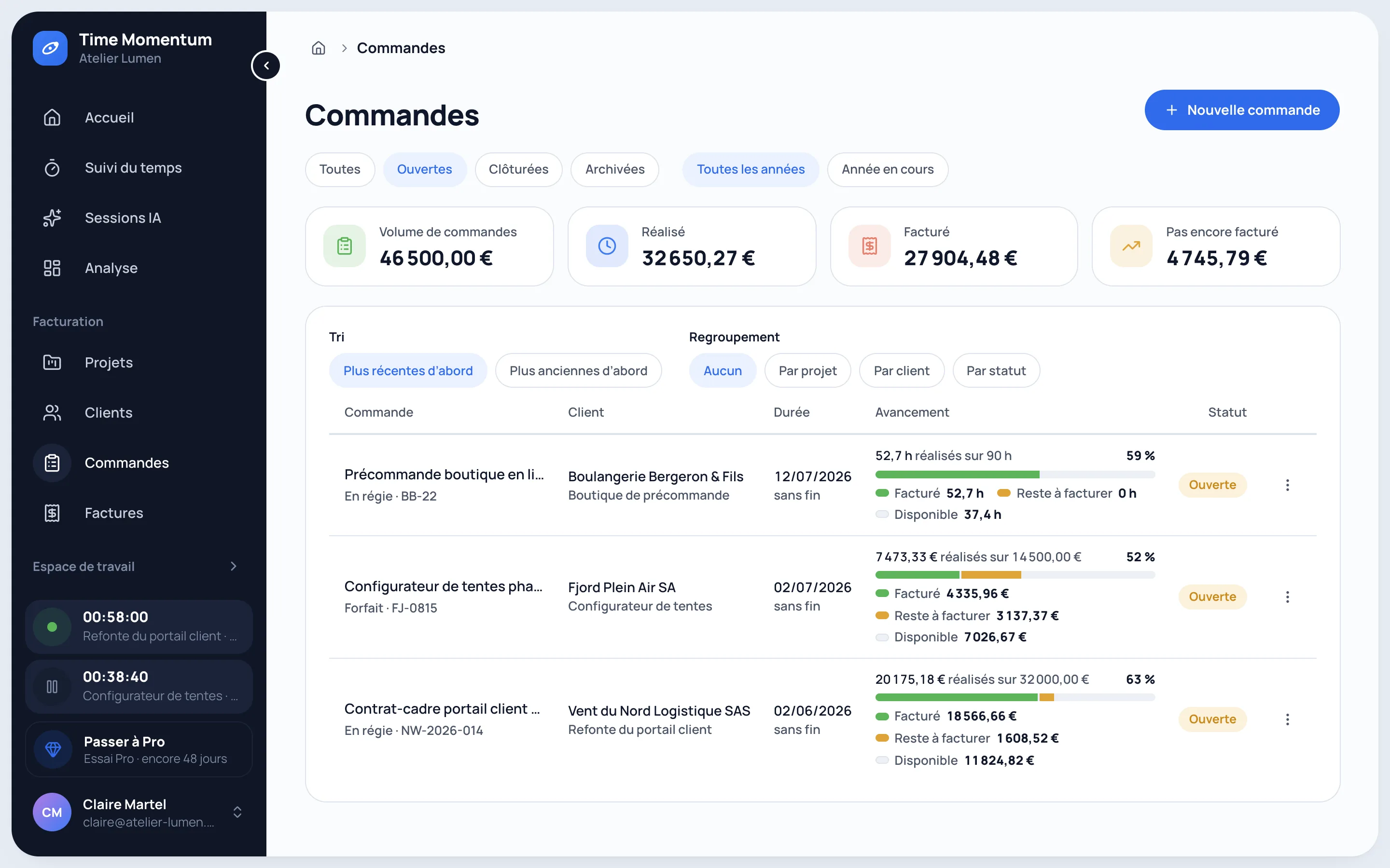 Vue des commandes avec volume, travail réalisé et facturé, et avancement par commande