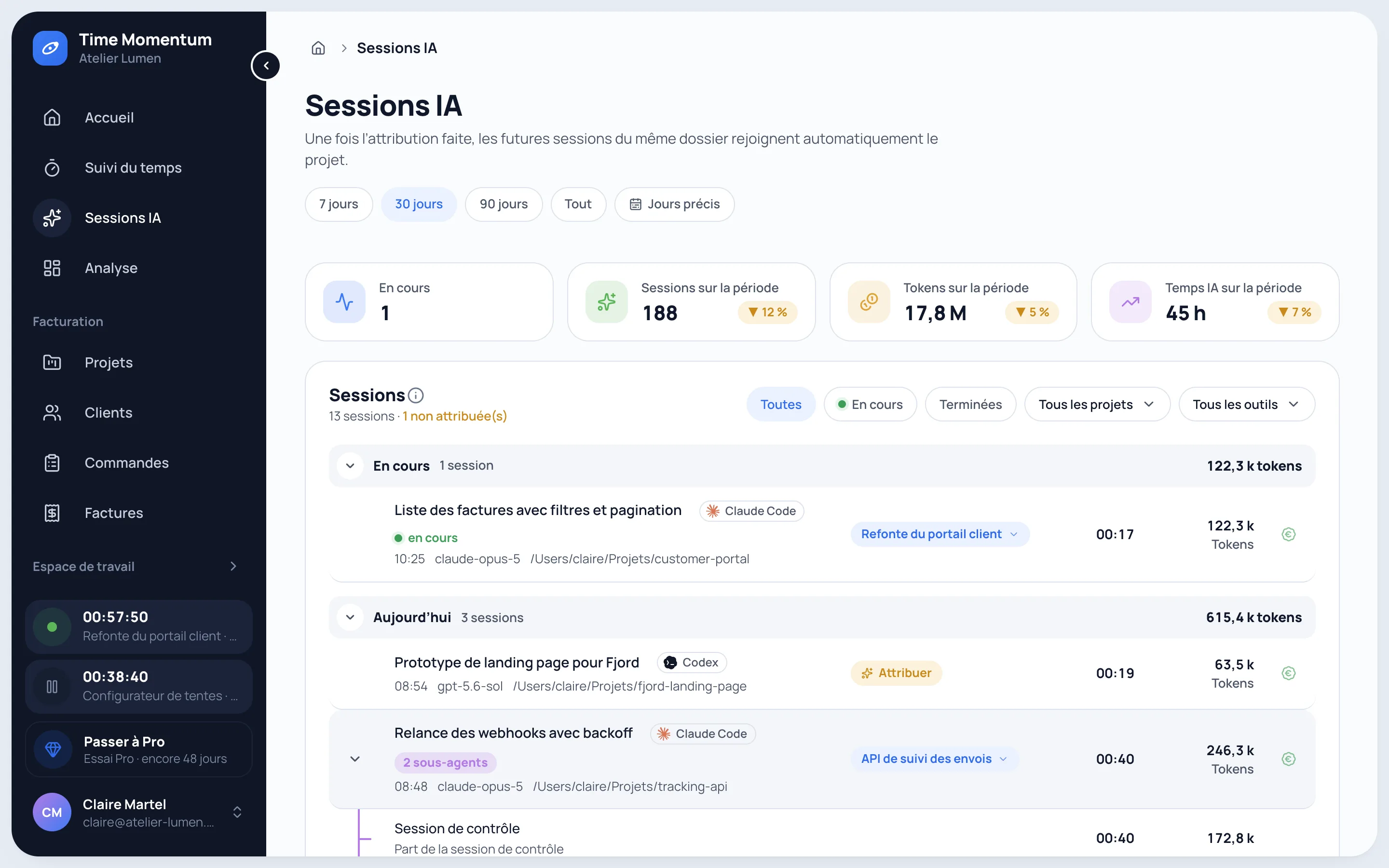 Sessions IA capturées automatiquement depuis Claude Code, Codex et Cursor, avec sous-agents dépliés, projets, durée et tokens
