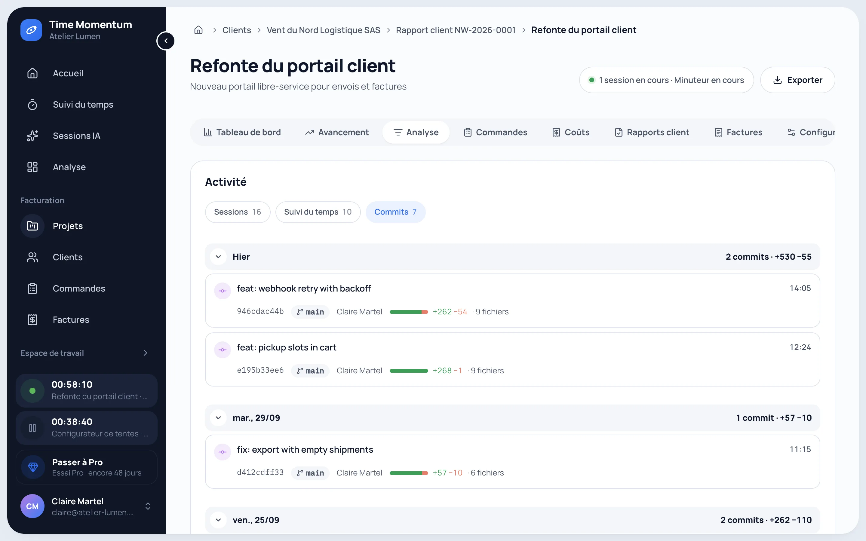 Chronologie d’activité d’un projet avec sessions IA, minuteurs et commits regroupés par jour