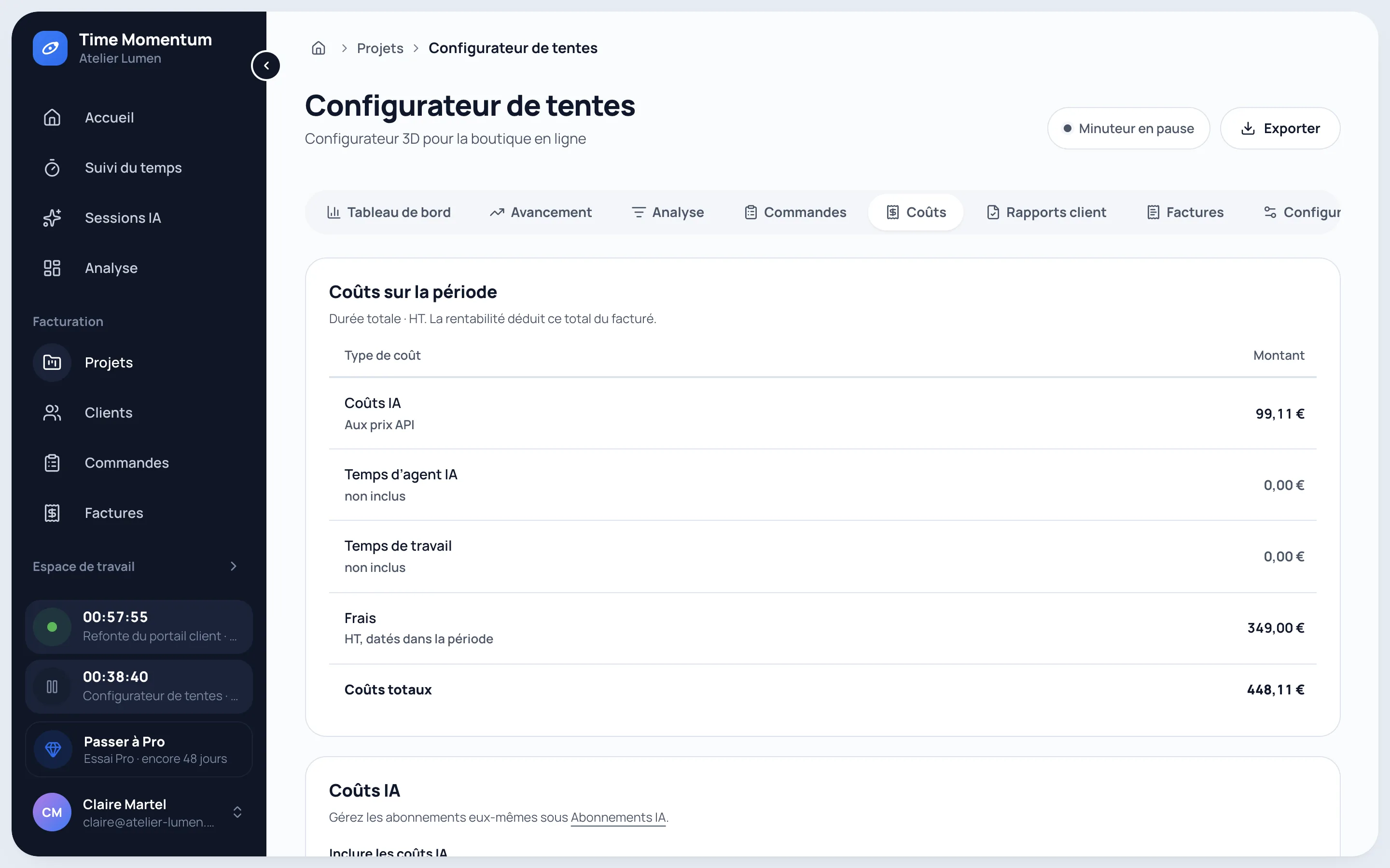 Vue des coûts d’un projet avec coûts IA, temps des agents, temps de travail et frais individuels