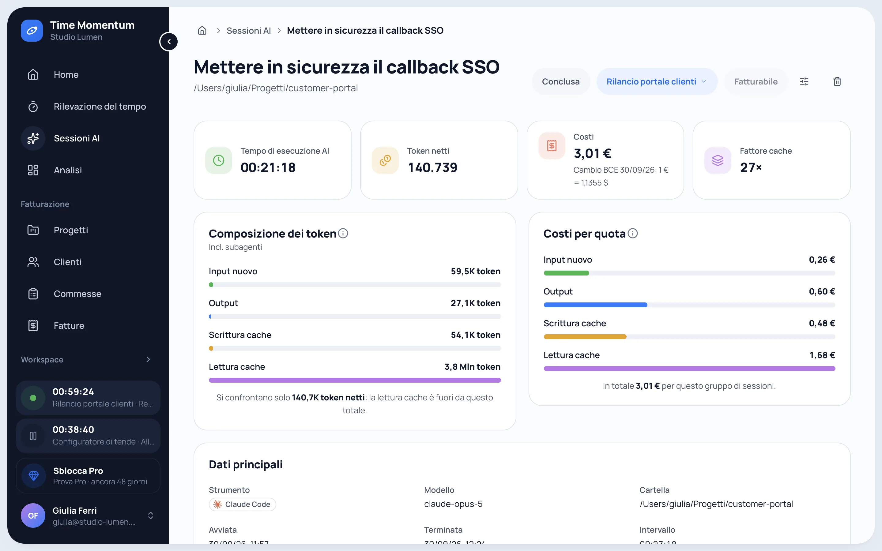 Dettaglio di una sessione Claude Code con tempo di esecuzione AI, token netti, costo e ripartizione dei token tra input, output e cache