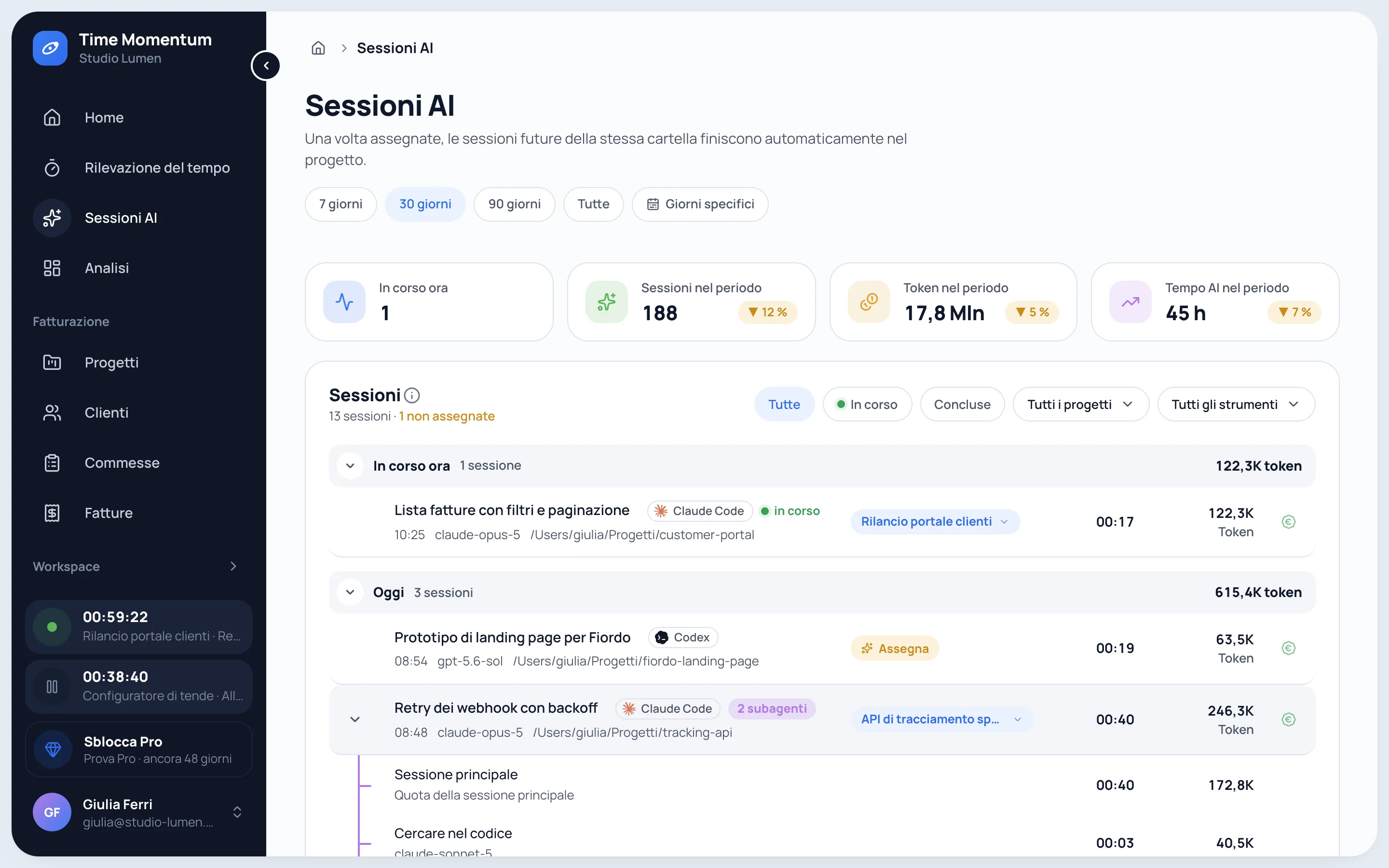 Sessioni AI registrate automaticamente da Claude Code, Codex e Cursor, con subagenti espansi, progetti, durata e token