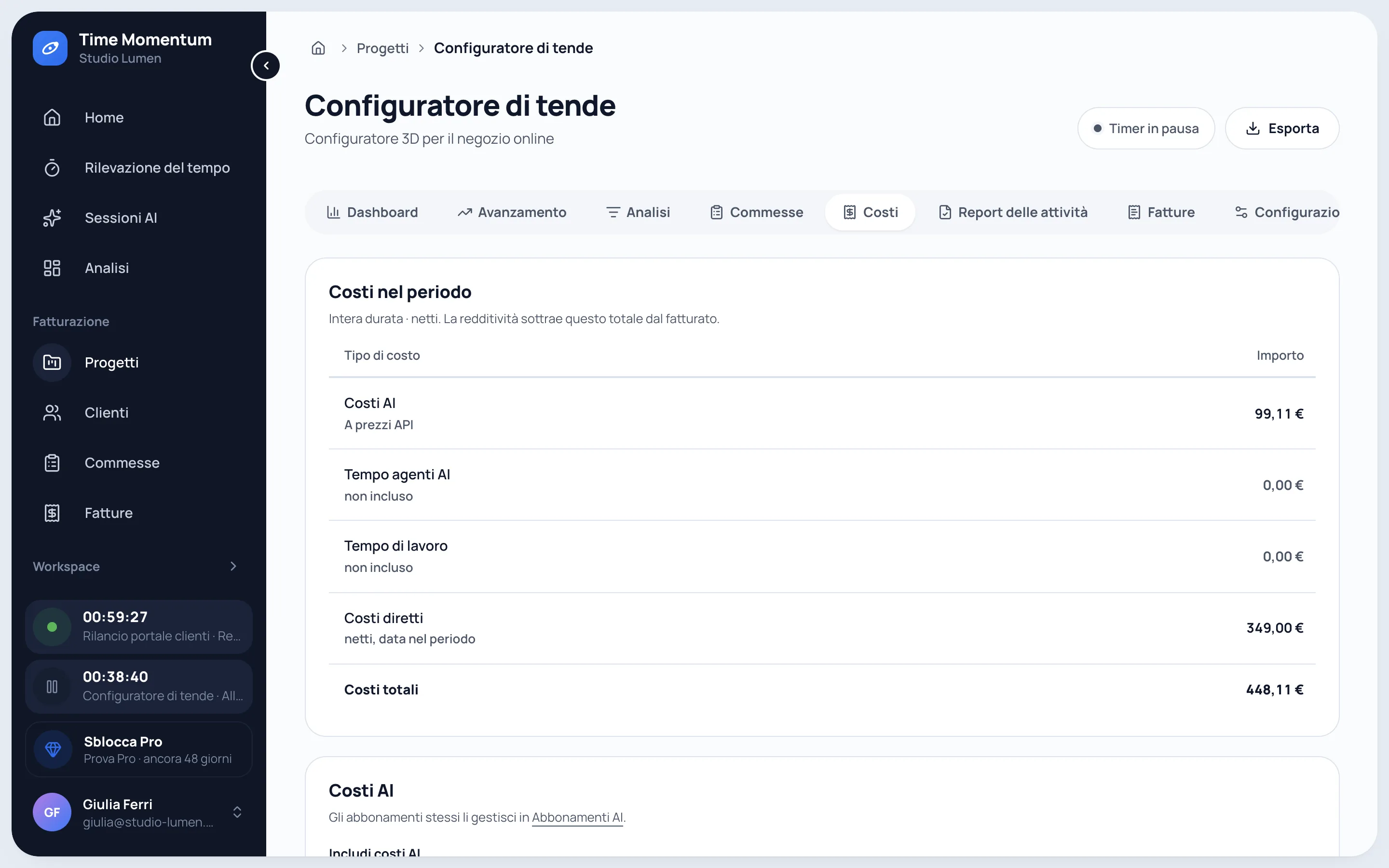 Vista dei costi di un progetto con costi AI, tempo degli agenti, tempo di lavoro e spese singole