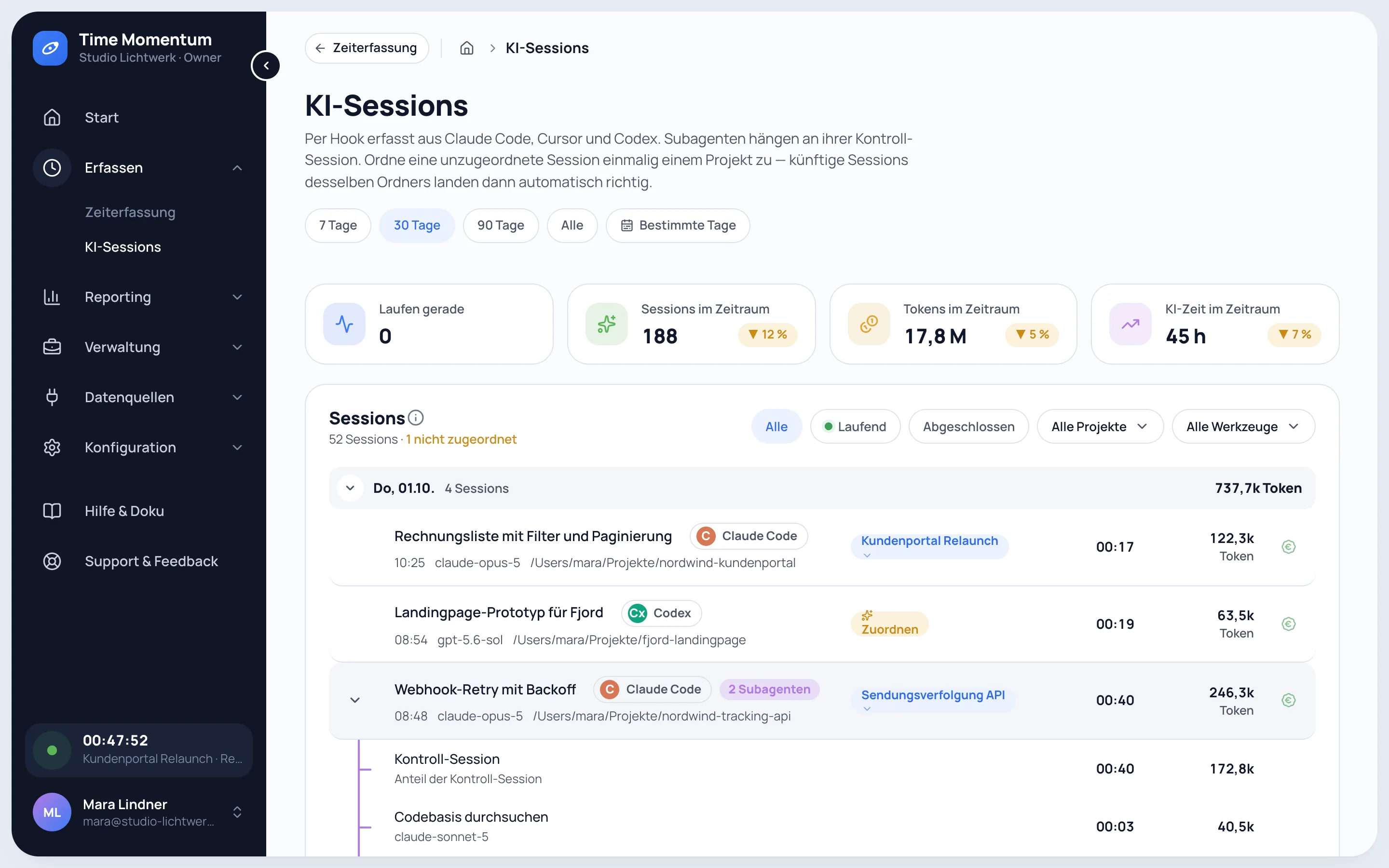 Automatically captured AI sessions from Claude Code, Codex and Cursor with expanded subagents, projects, runtime and tokens