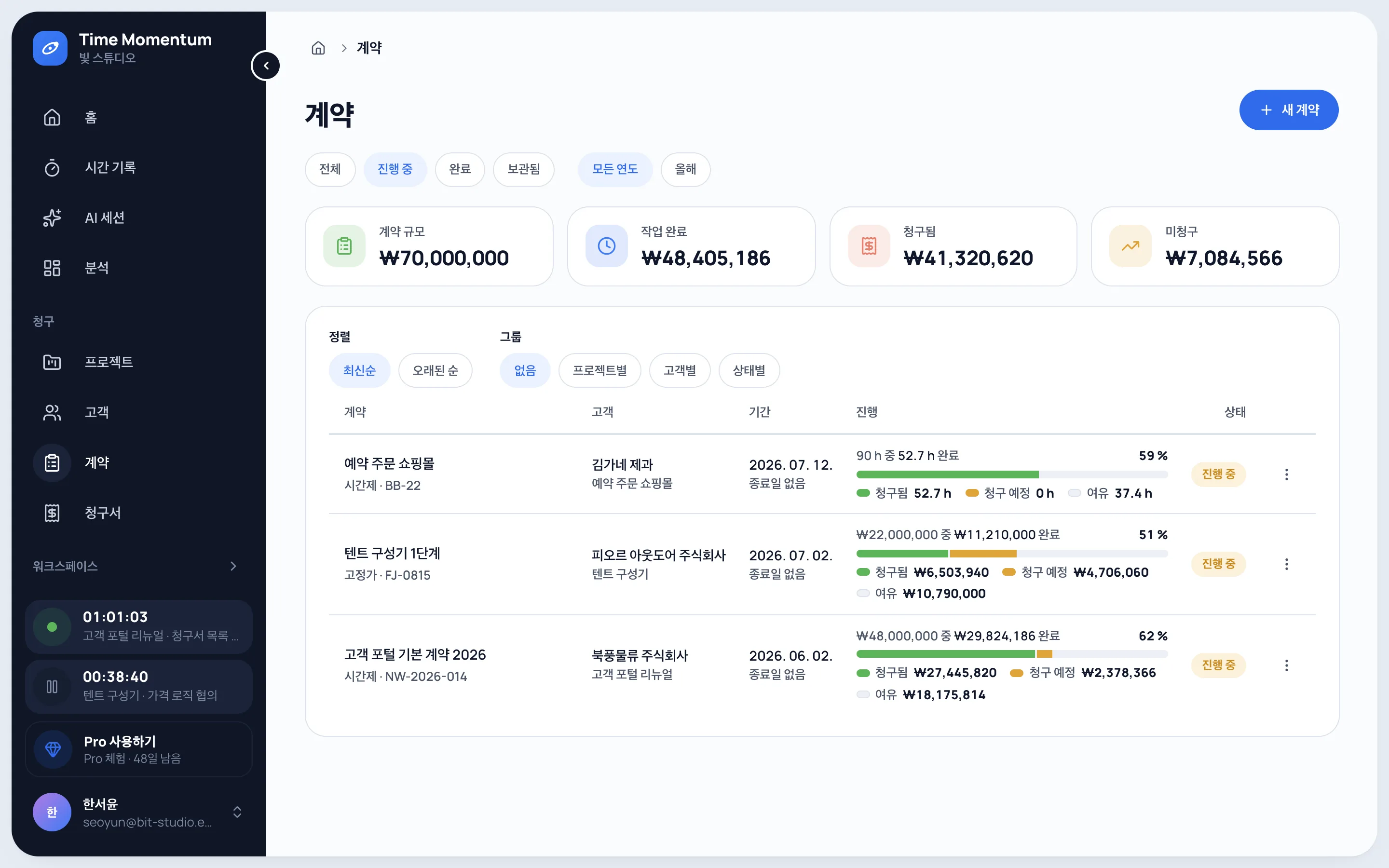계약 금액, 수행·청구된 작업, 계약별 진행률을 보여 주는 계약 목록