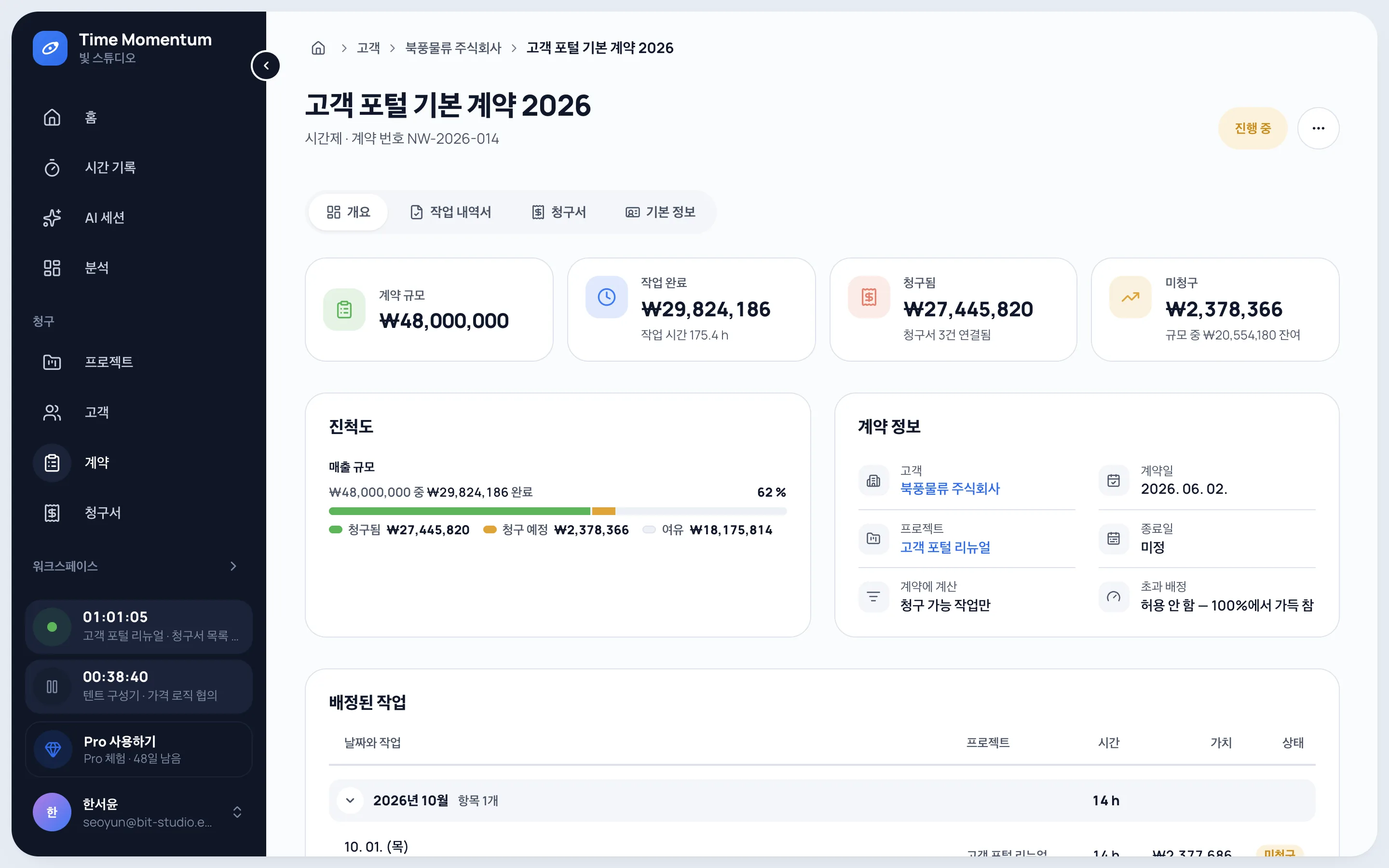계약 금액, 진행률, 청구된 작업과 아직 청구하지 않은 작업을 보여 주는 계약 상세