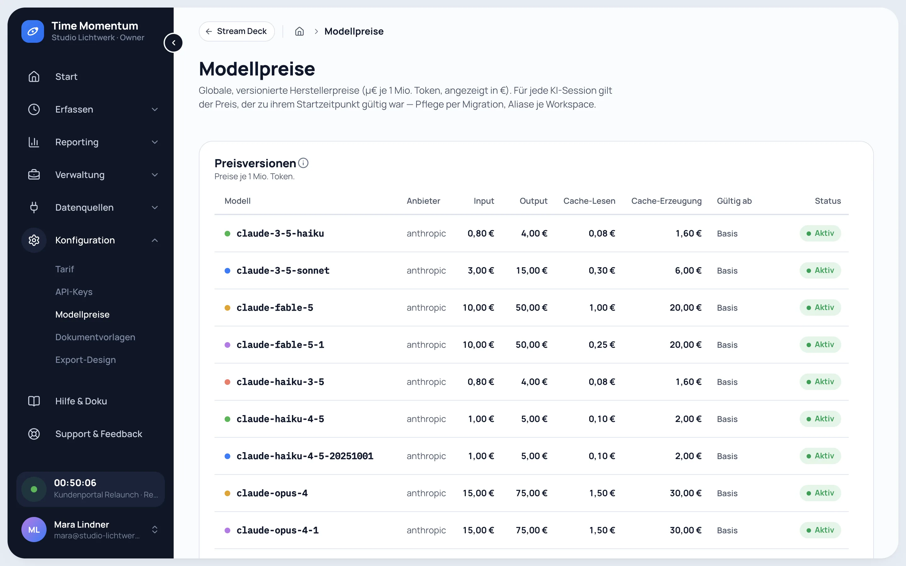 Versionierte Modellpreise für Input, Output, Cache-Lesen und Cache-Erzeugung je Million Token