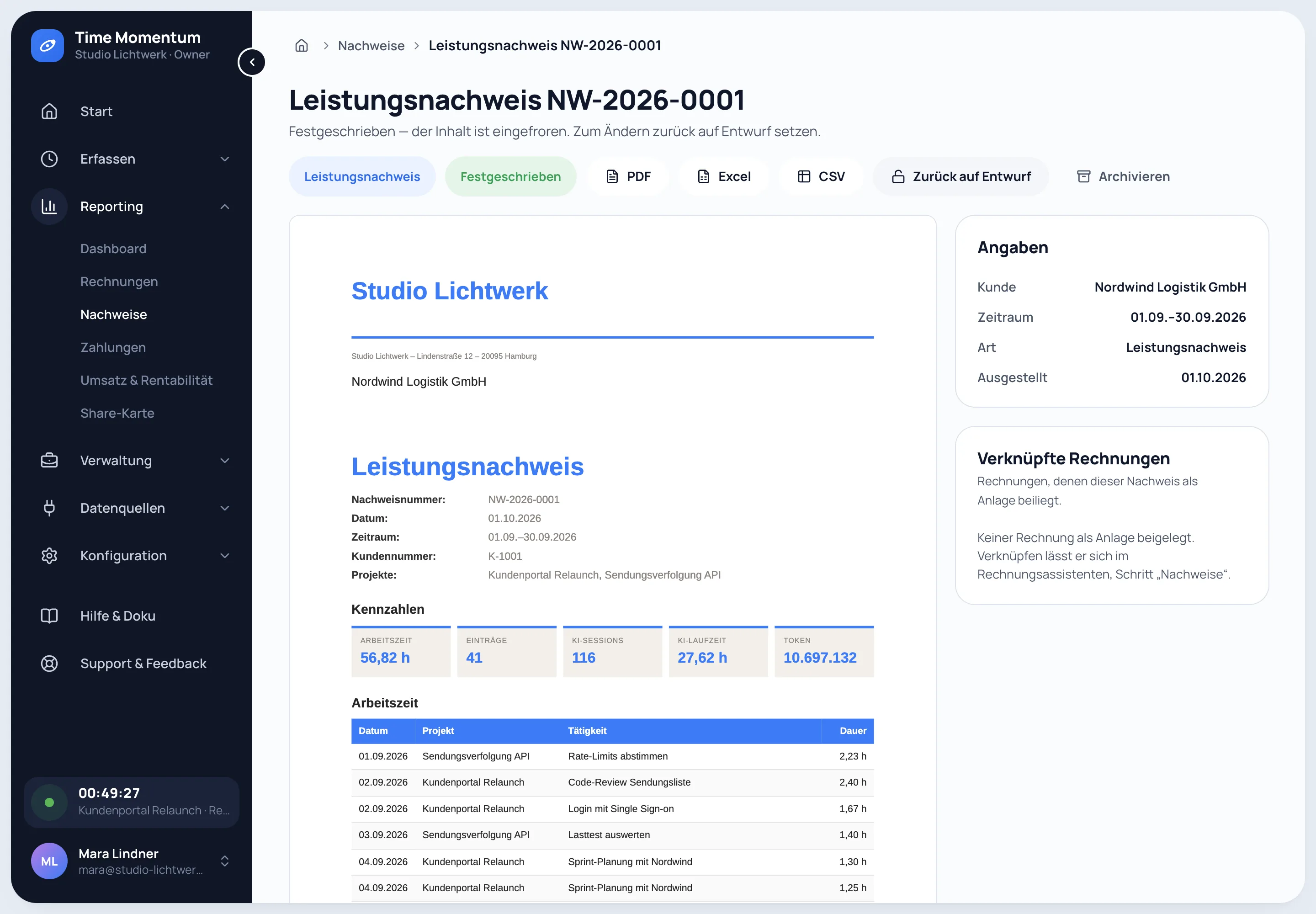 Festgeschriebener Leistungsnachweis mit Kennzahlen und Arbeitszeit-Tabelle, exportierbar als PDF, Excel und CSV