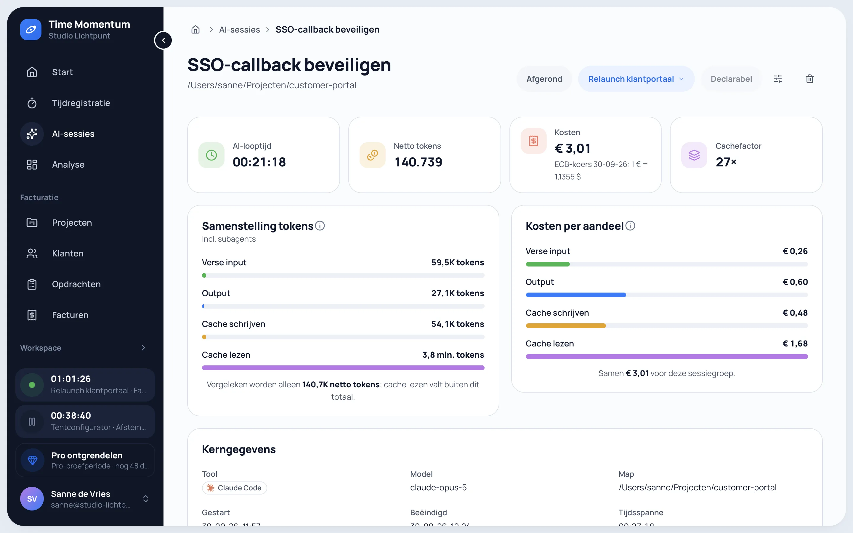 Detailweergave van een Claude Code-sessie met AI-looptijd, netto tokens, kosten en de verdeling van tokens over input, output en cache