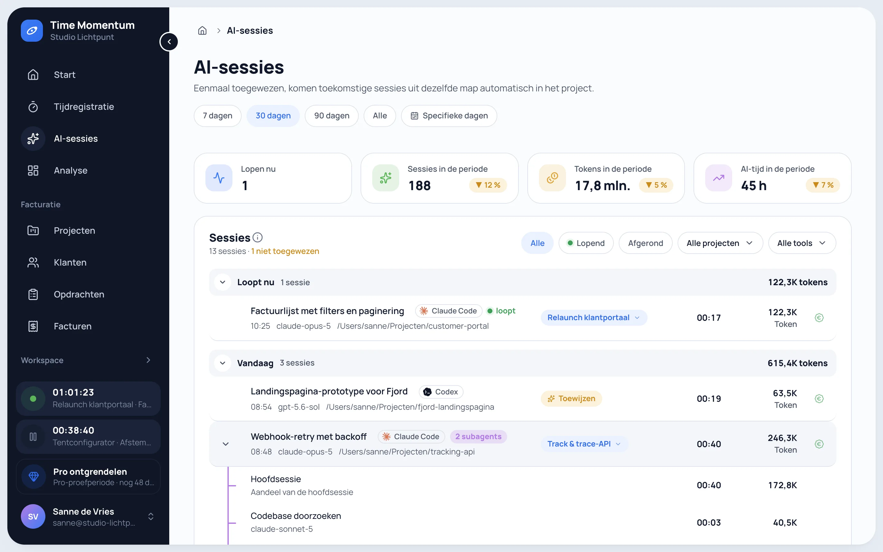 Automatisch vastgelegde AI-sessies uit Claude Code, Codex en Cursor met uitgeklapte subagents, projecten, looptijd en tokens