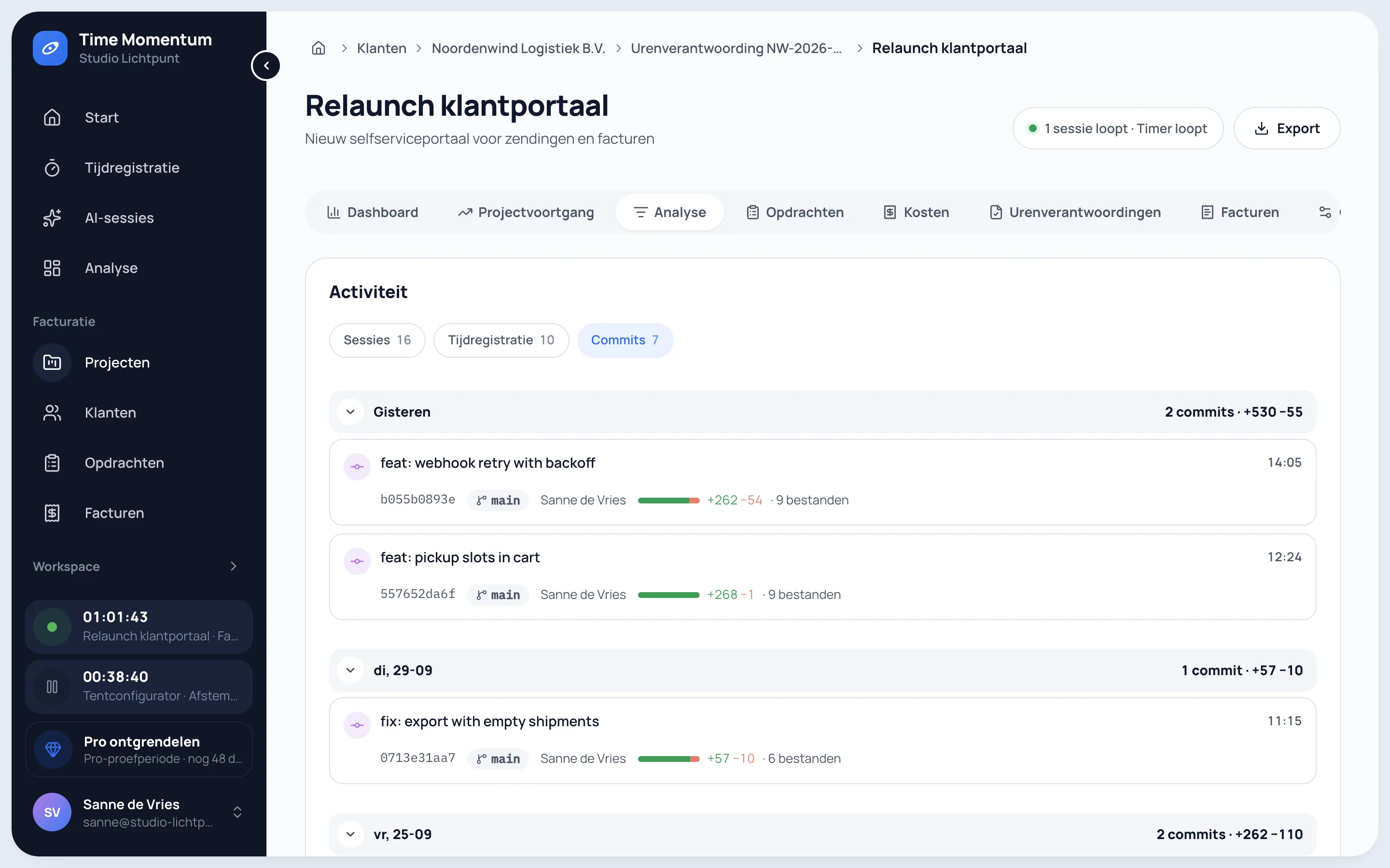 Activiteitentijdlijn van een project met AI-sessies, timers en commits per dag