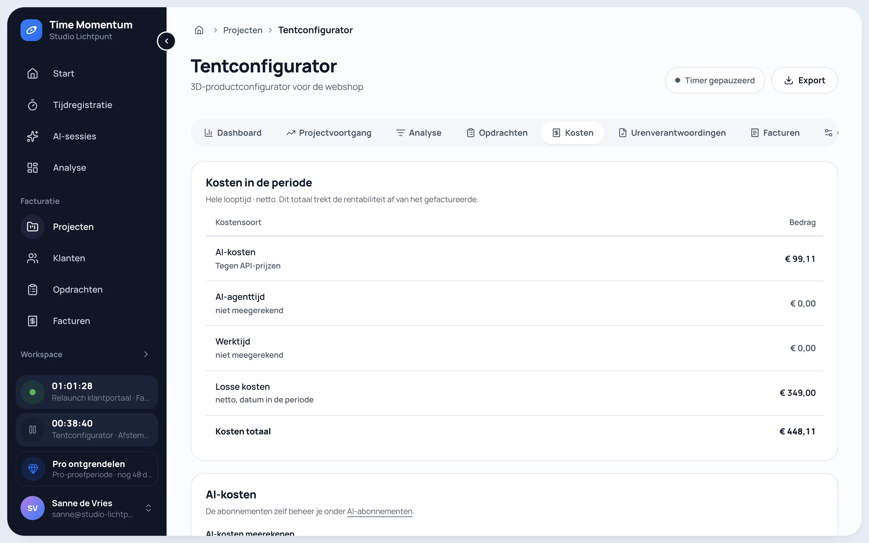 Kostenoverzicht van een project met AI-kosten, agenttijd, werktijd en losse kosten