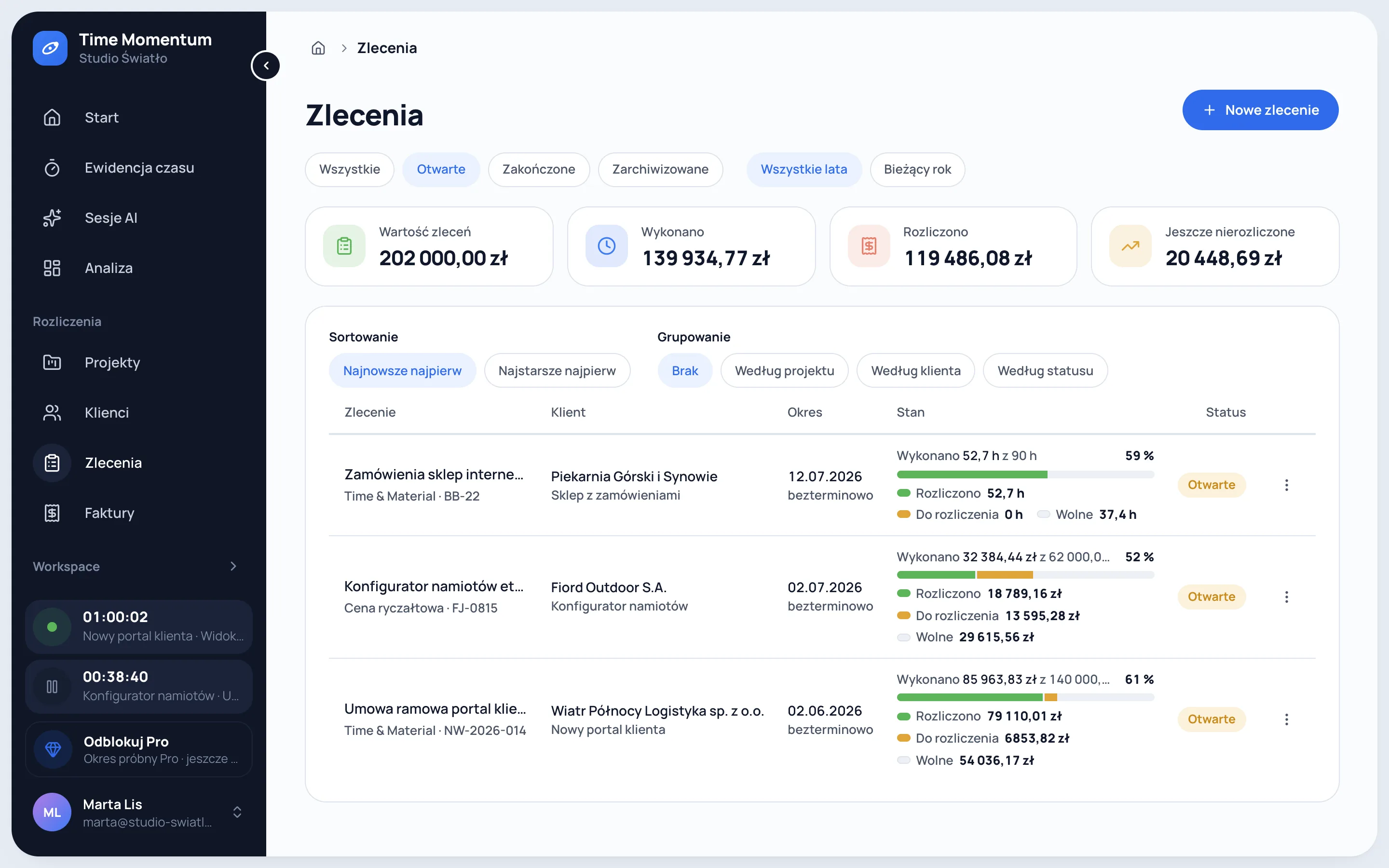 Przegląd zleceń z wartością zlecenia, wykonaną i rozliczoną pracą oraz postępem każdego zlecenia