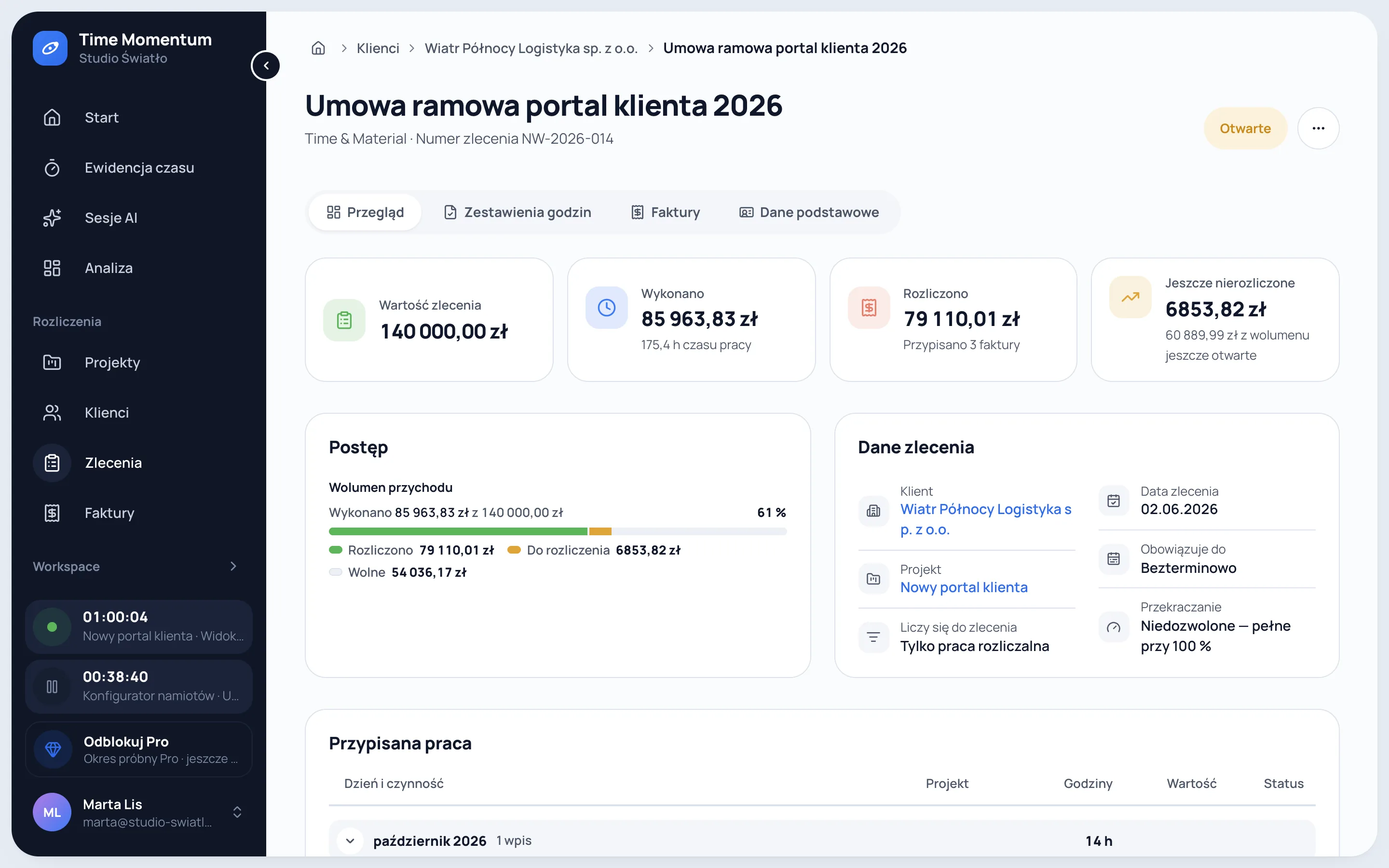 Szczegóły zlecenia z wartością, postępem, pracą rozliczoną i jeszcze nierozliczoną