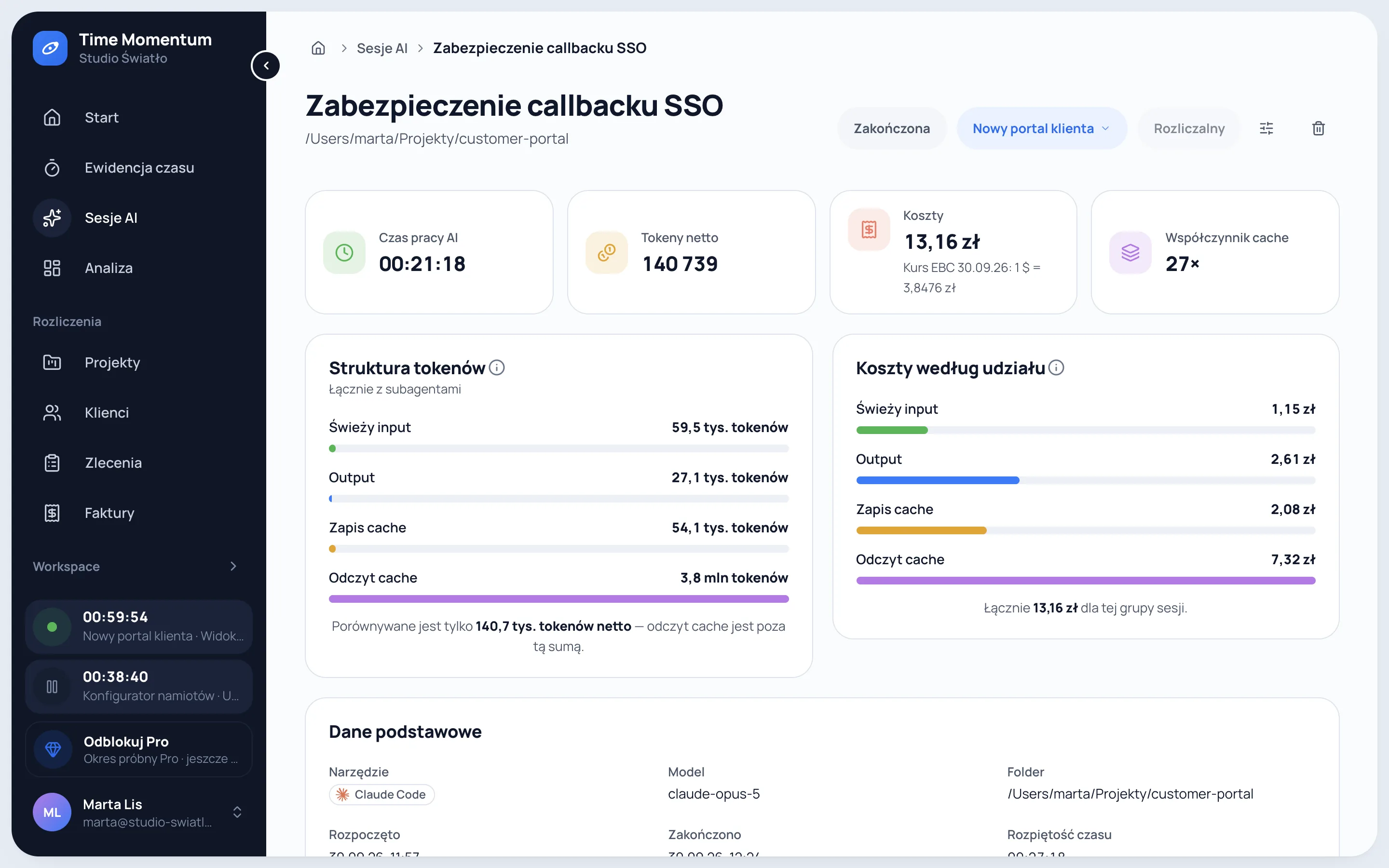 Szczegóły sesji Claude Code z czasem działania AI, tokenami netto, kosztem i podziałem tokenów na wejście, wyjście i cache