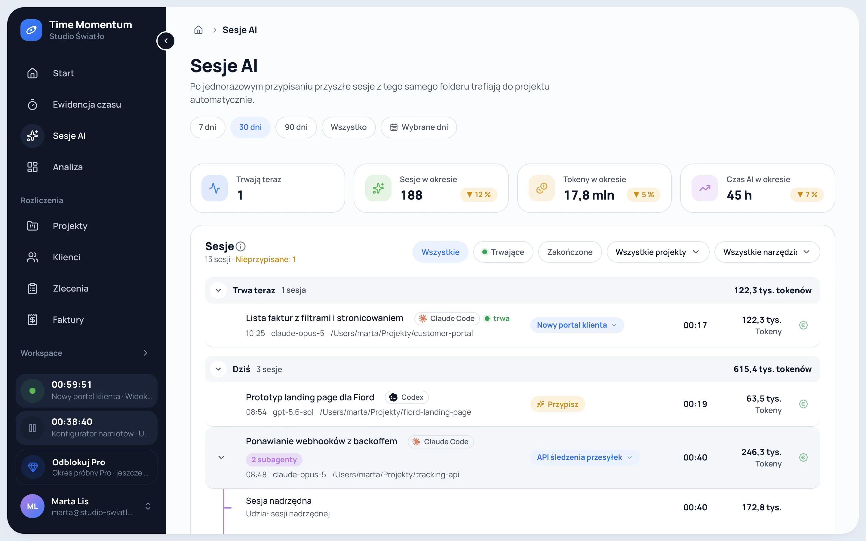Automatycznie rejestrowane sesje AI z Claude Code, Codex i Cursor z rozwiniętymi subagentami, projektami, czasem działania i tokenami