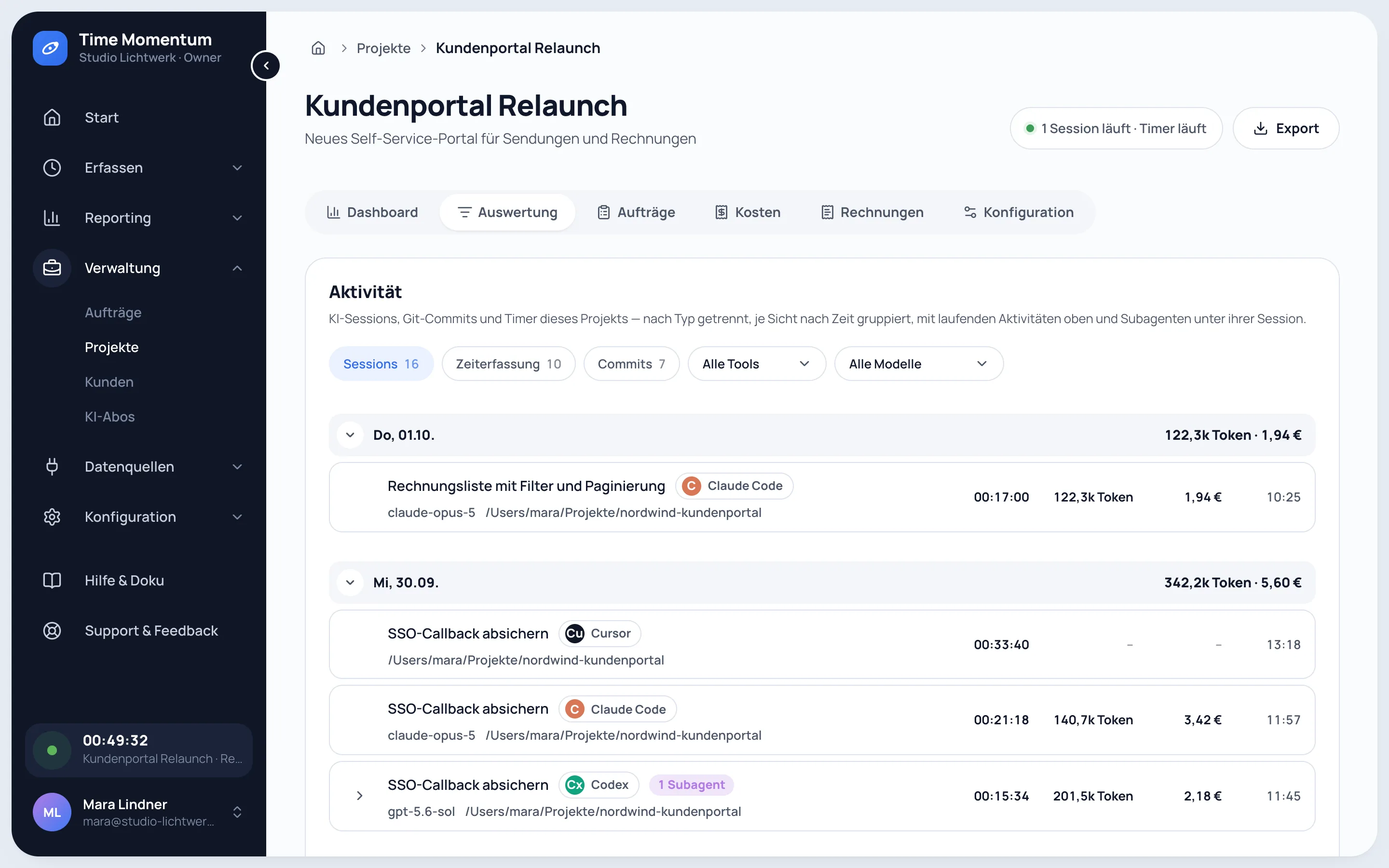 Activity timeline of a project with AI sessions, timers and commits grouped by day