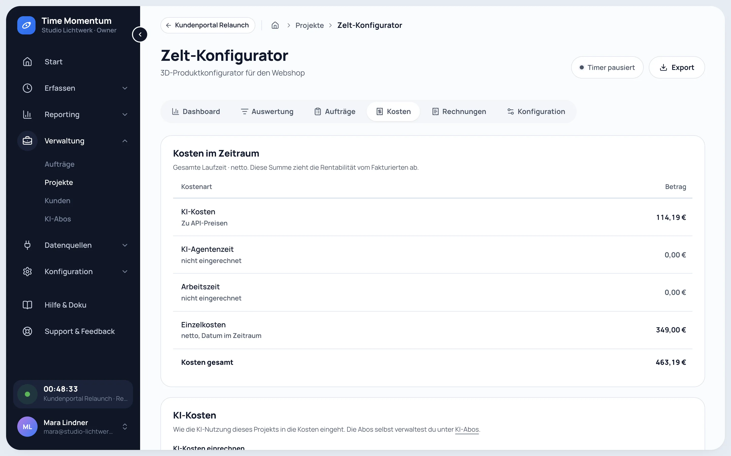 Kostenansicht eines Projekts mit KI-Kosten, Agentenzeit, Arbeitszeit und Einzelkosten