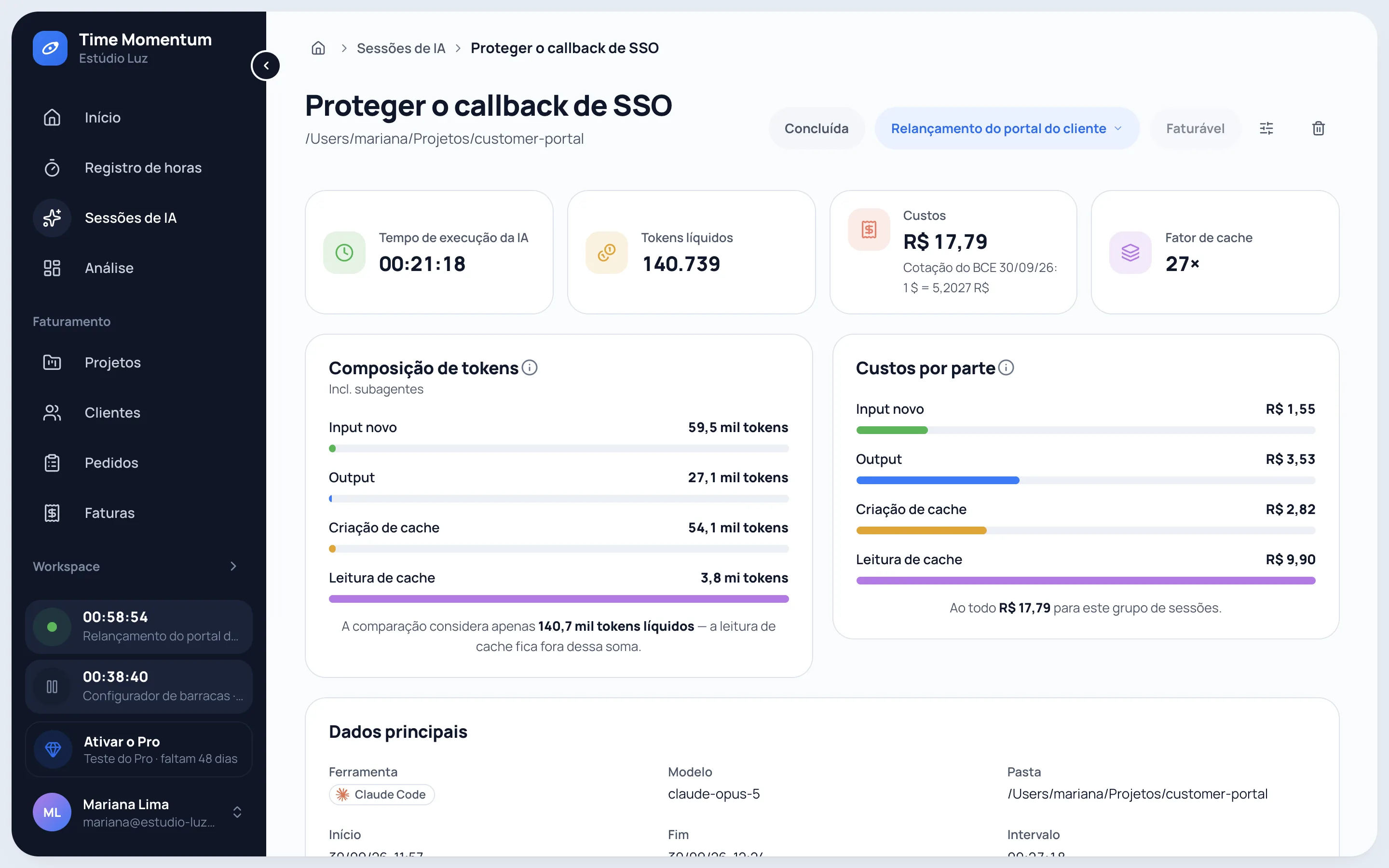 Detalhe de uma sessão do Claude Code com tempo de execução de IA, tokens líquidos, custo e divisão dos tokens entre entrada, saída e cache