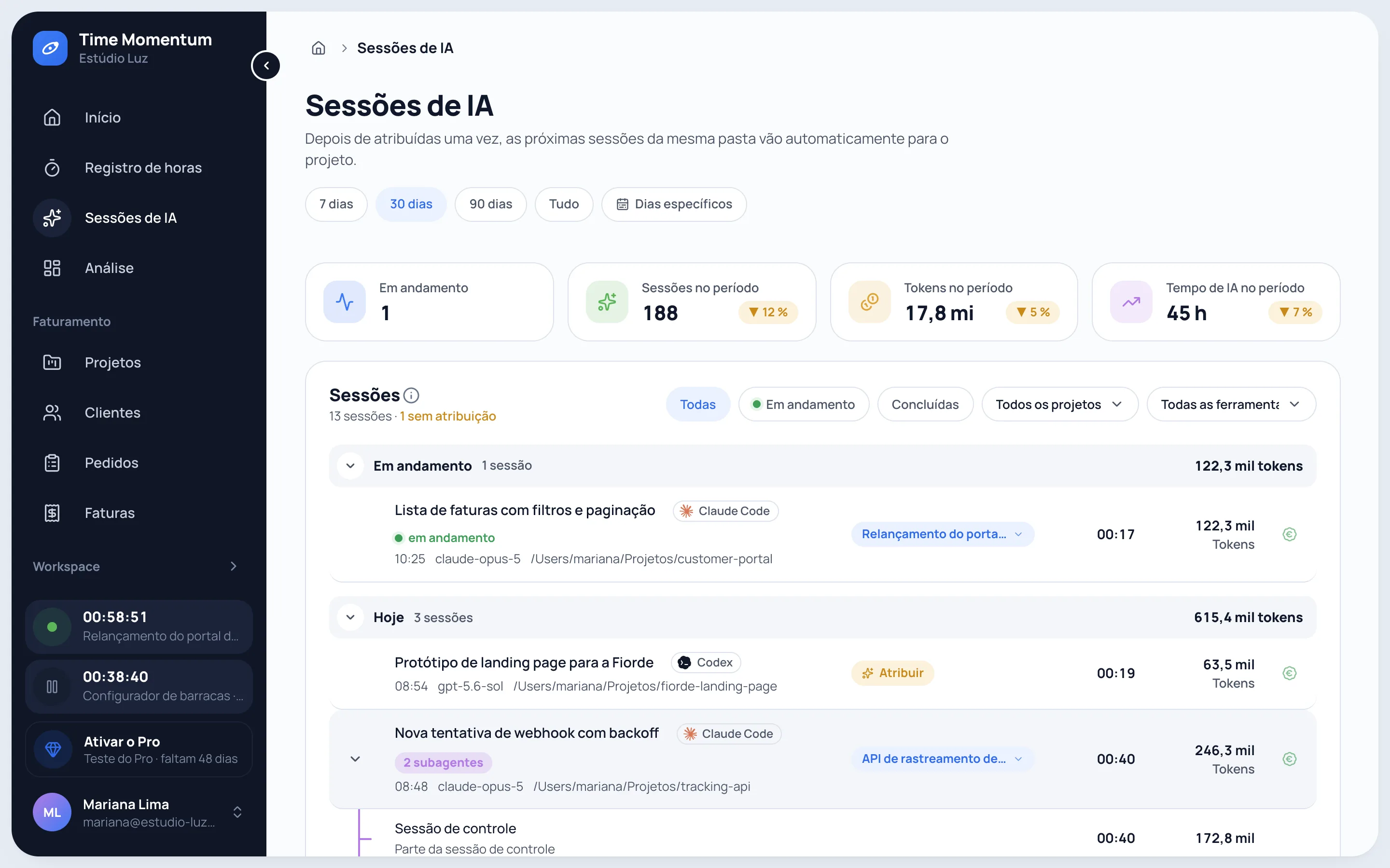 Sessões de IA registradas automaticamente no Claude Code, Codex e Cursor, com subagentes expandidos, projetos, duração e tokens