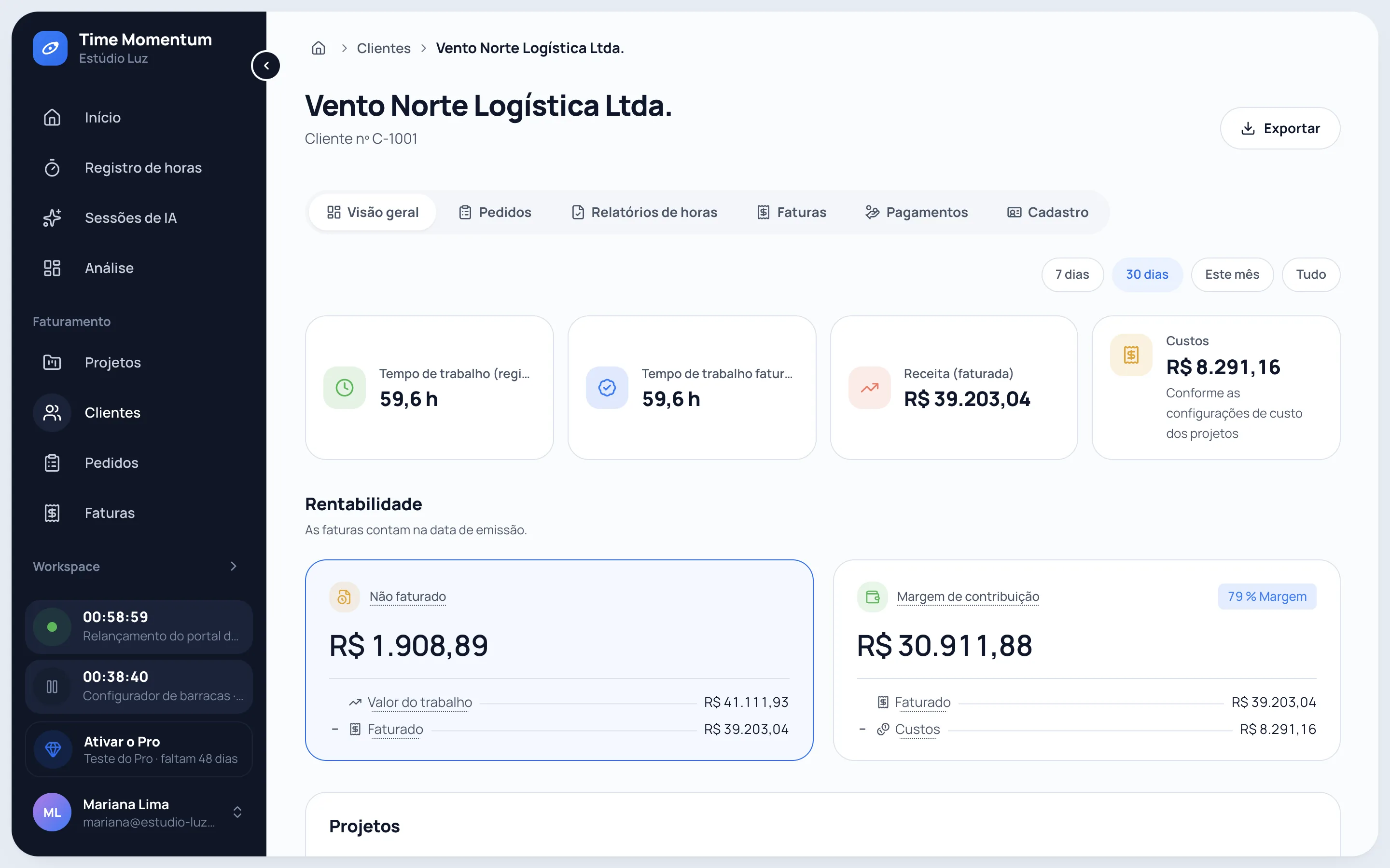 Página do cliente com tempo de trabalho, tempo faturável, receita, custos e rentabilidade