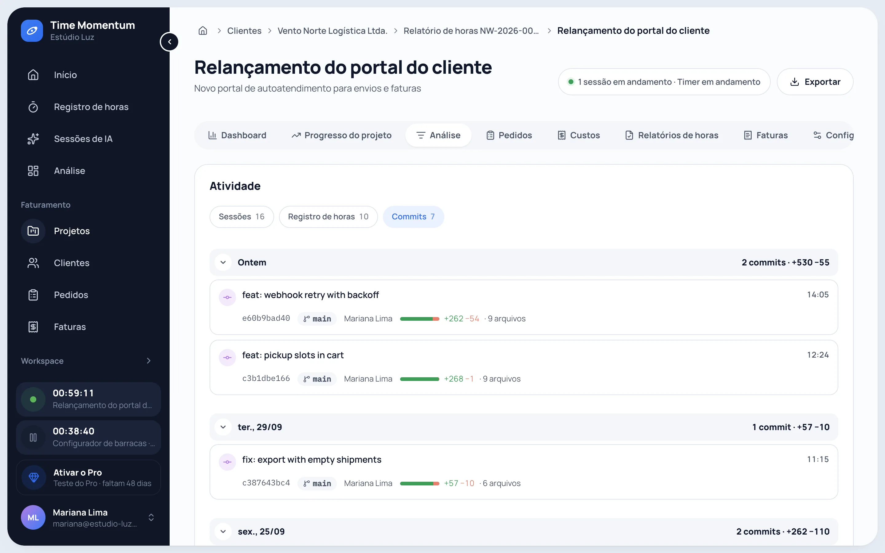 Linha do tempo de atividades de um projeto com sessões de IA, cronômetros e commits agrupados por dia