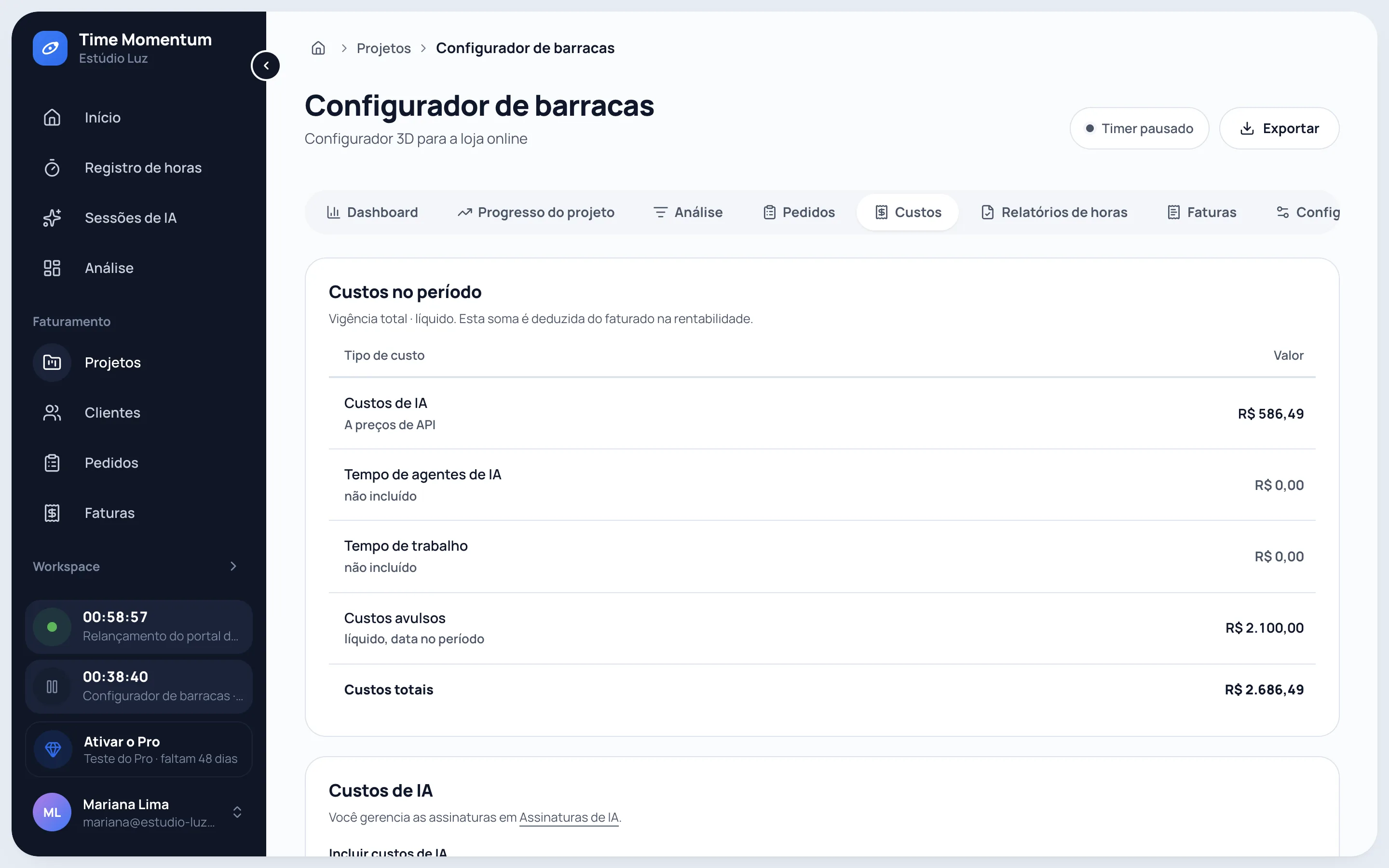 Visão de custos de um projeto com custos de IA, tempo dos agentes, tempo de trabalho e despesas avulsas