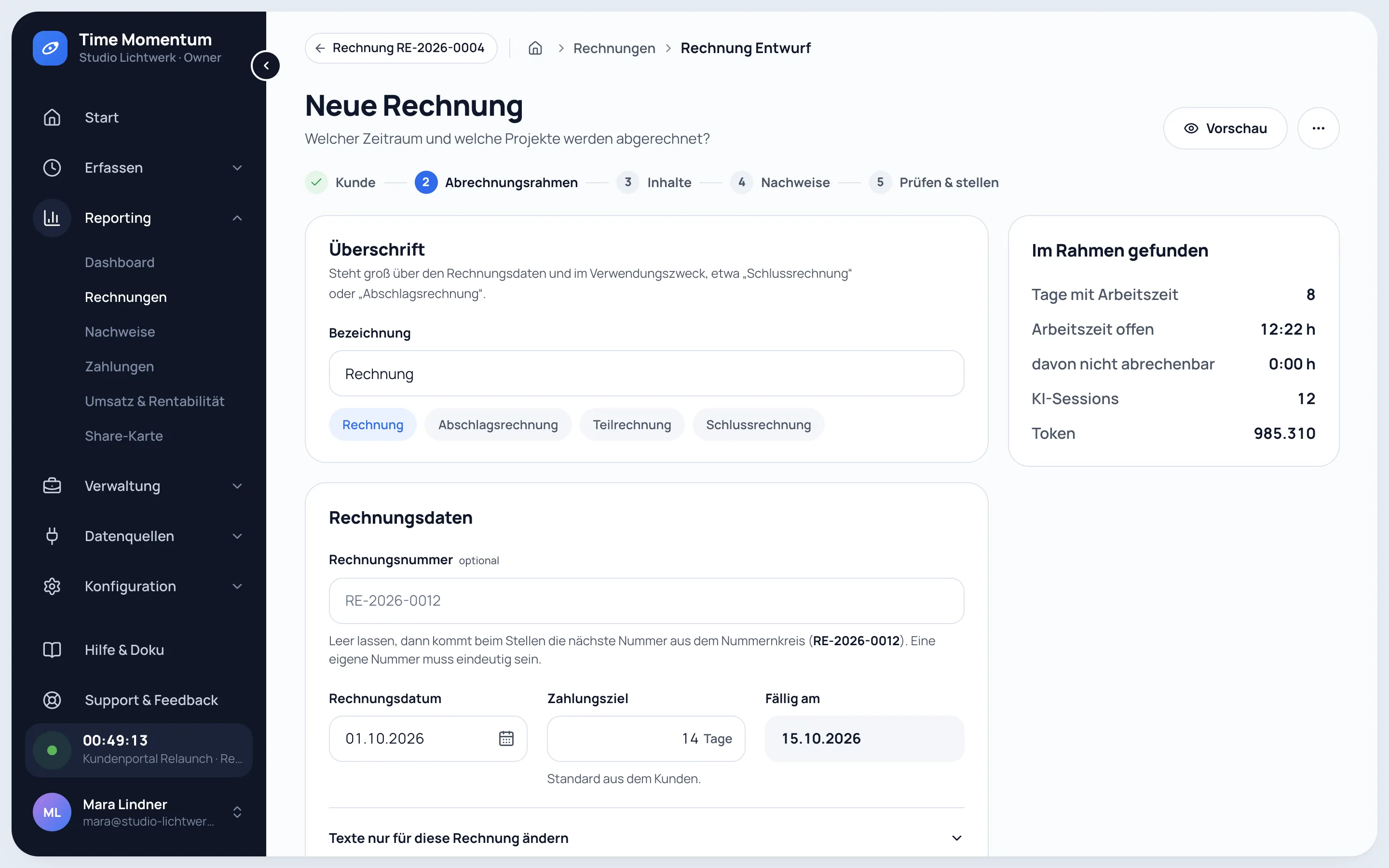 Rechnungsassistent in fünf Schritten mit Abrechnungsrahmen und gefundenen Leistungen