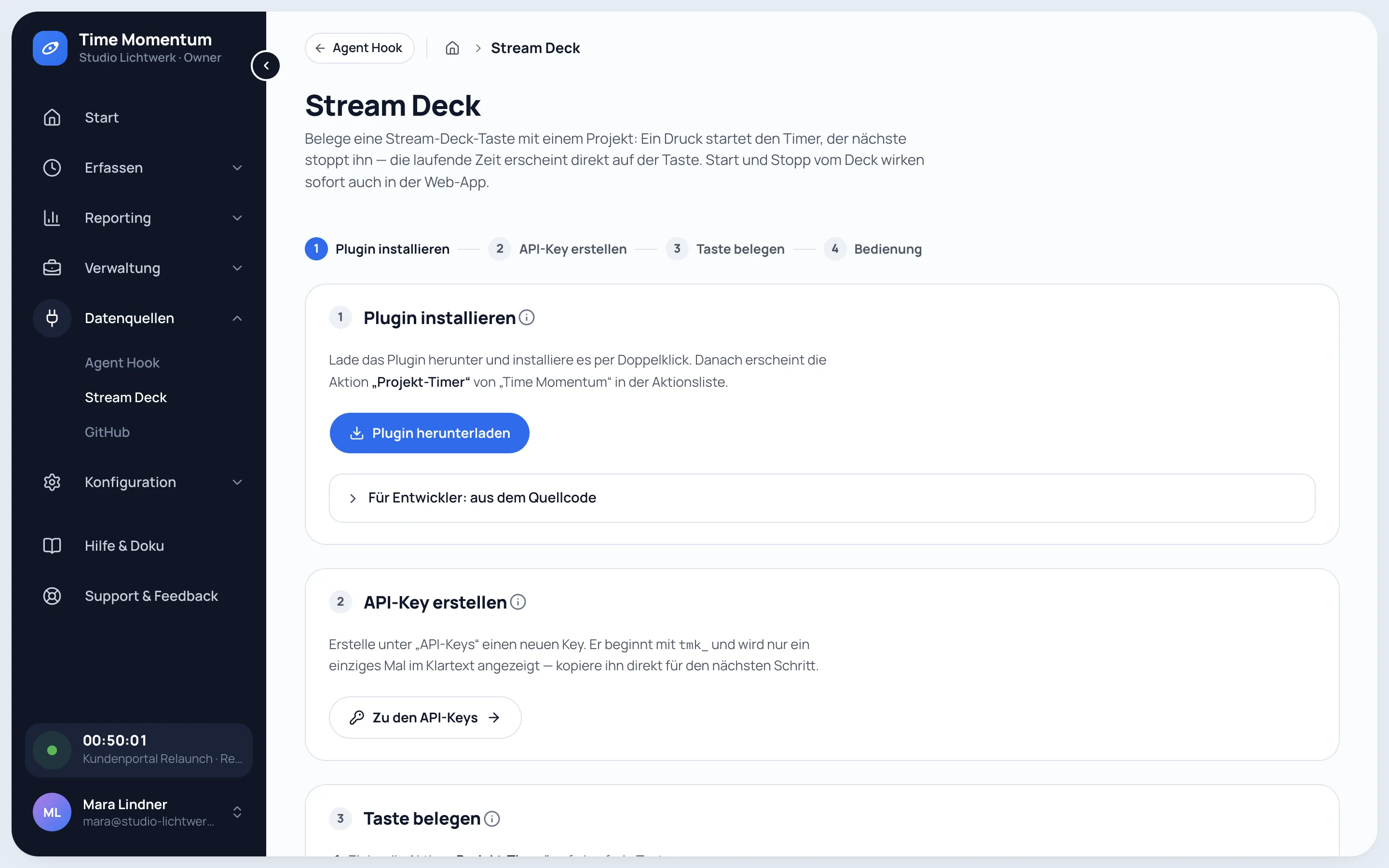 Einrichtung des Stream-Deck-Plugins mit Download, API-Key und Tastenbelegung